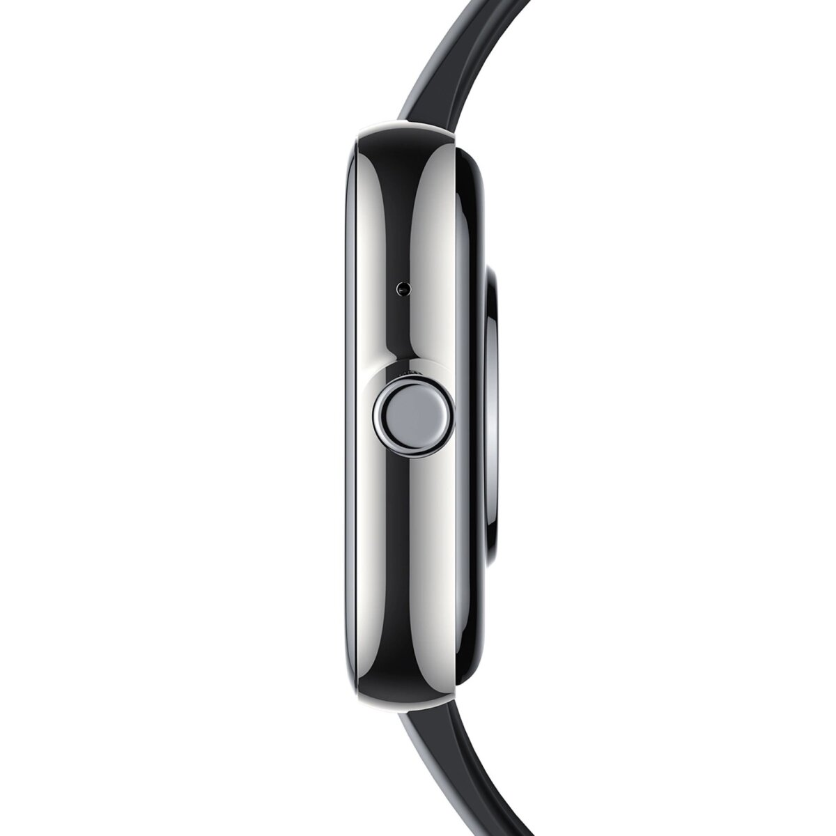 Widok z boku czarnego smartwatcha ze srebrną ramką i czarnym paskiem.