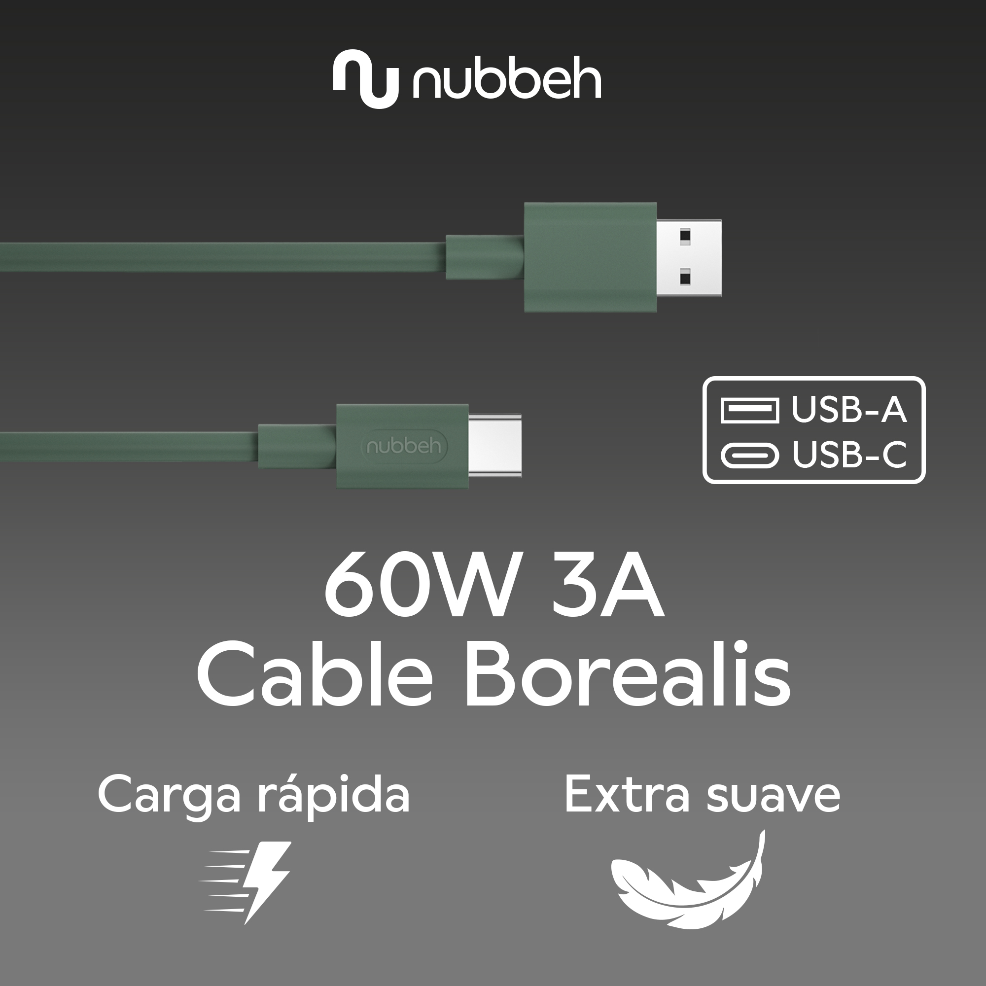Cable USB-A y USB-C con texto. Fondo blanco.