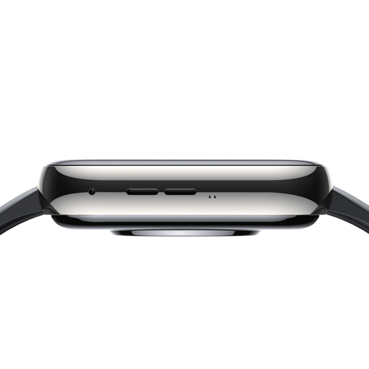 Widok z góry czarnego smartwatcha. Ma srebrną ramkę i czarny pasek.