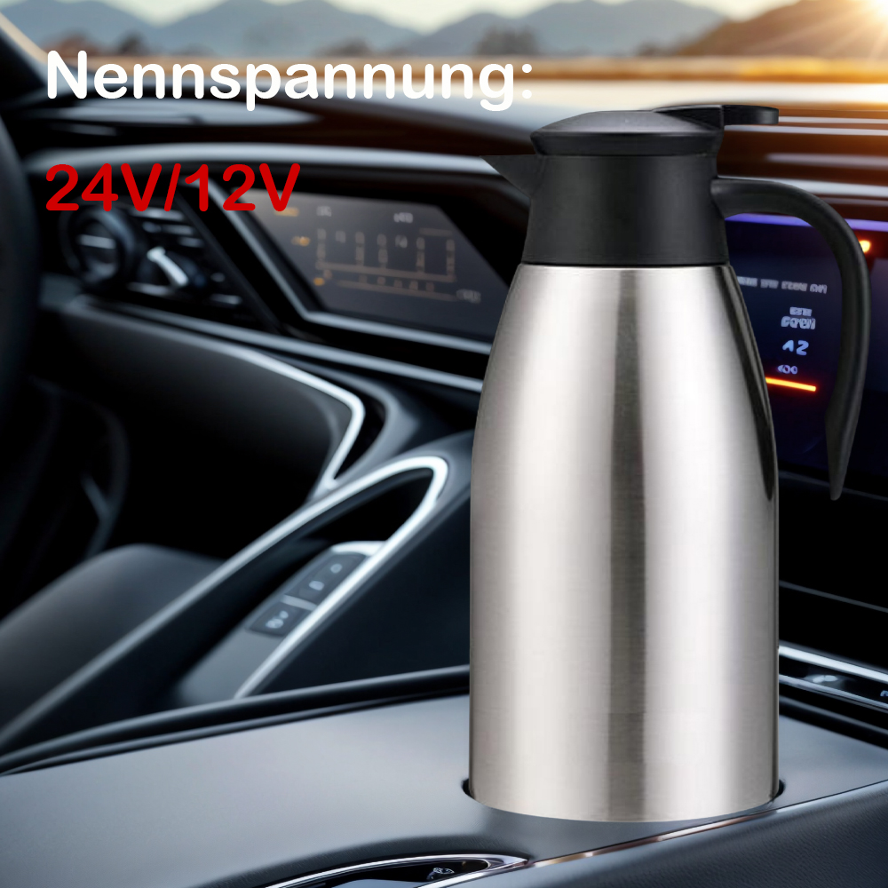 Edelstahl-Thermoskanne im Auto-Getränkehalter. Schwarzer Deckel. Text: 24V/12V.
