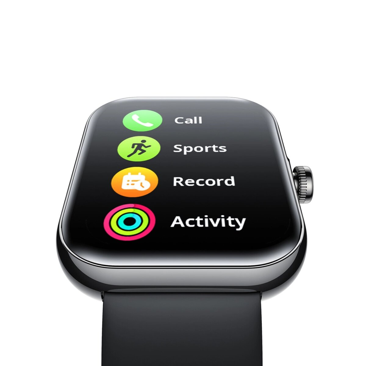 Ekran smartwatcha pokazujący ikony Połączenie, Sport, Rekord i Aktywność.