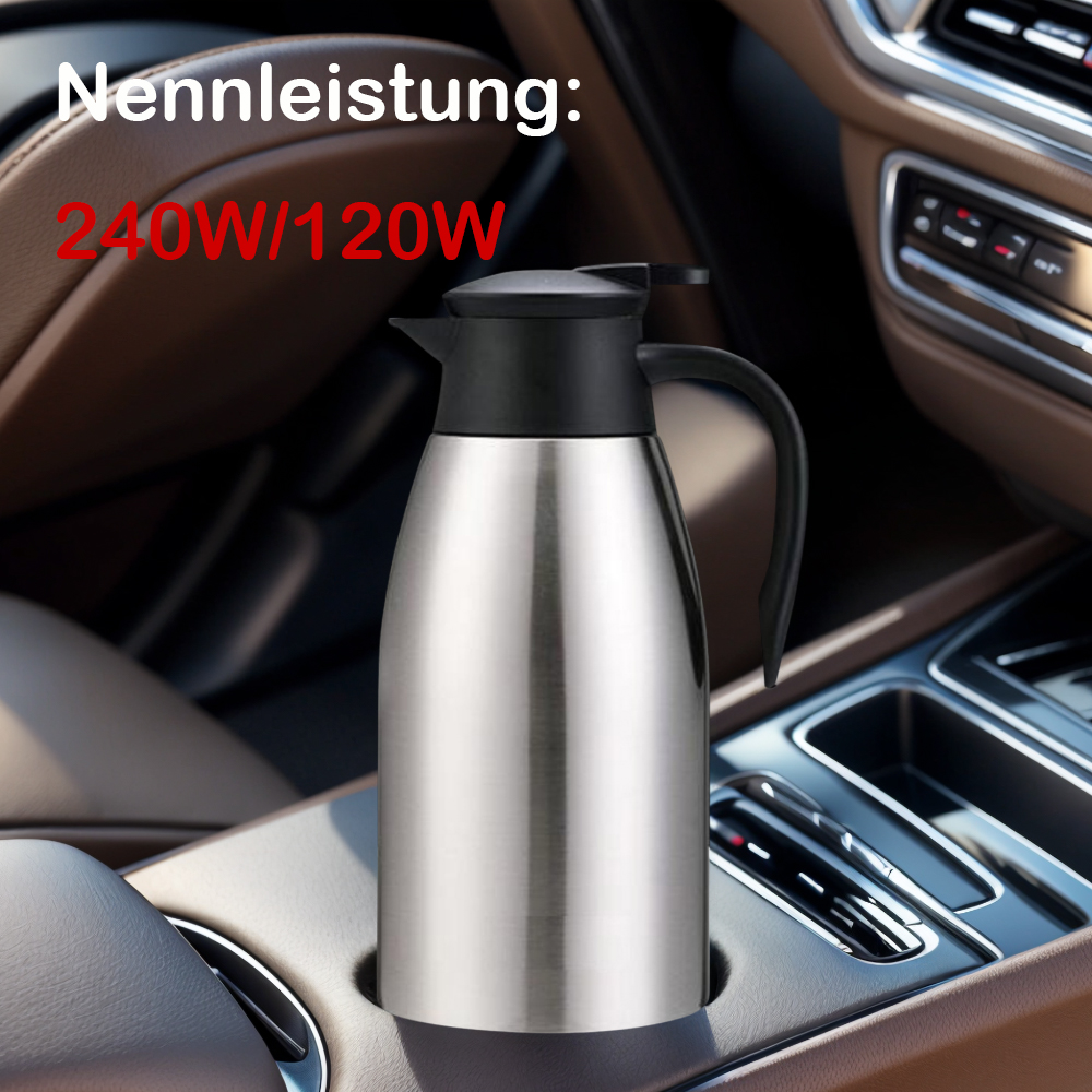 Edelstahl-Thermoskanne im Auto-Getränkehalter. Schwarzer Deckel. Text: 240W/120W.