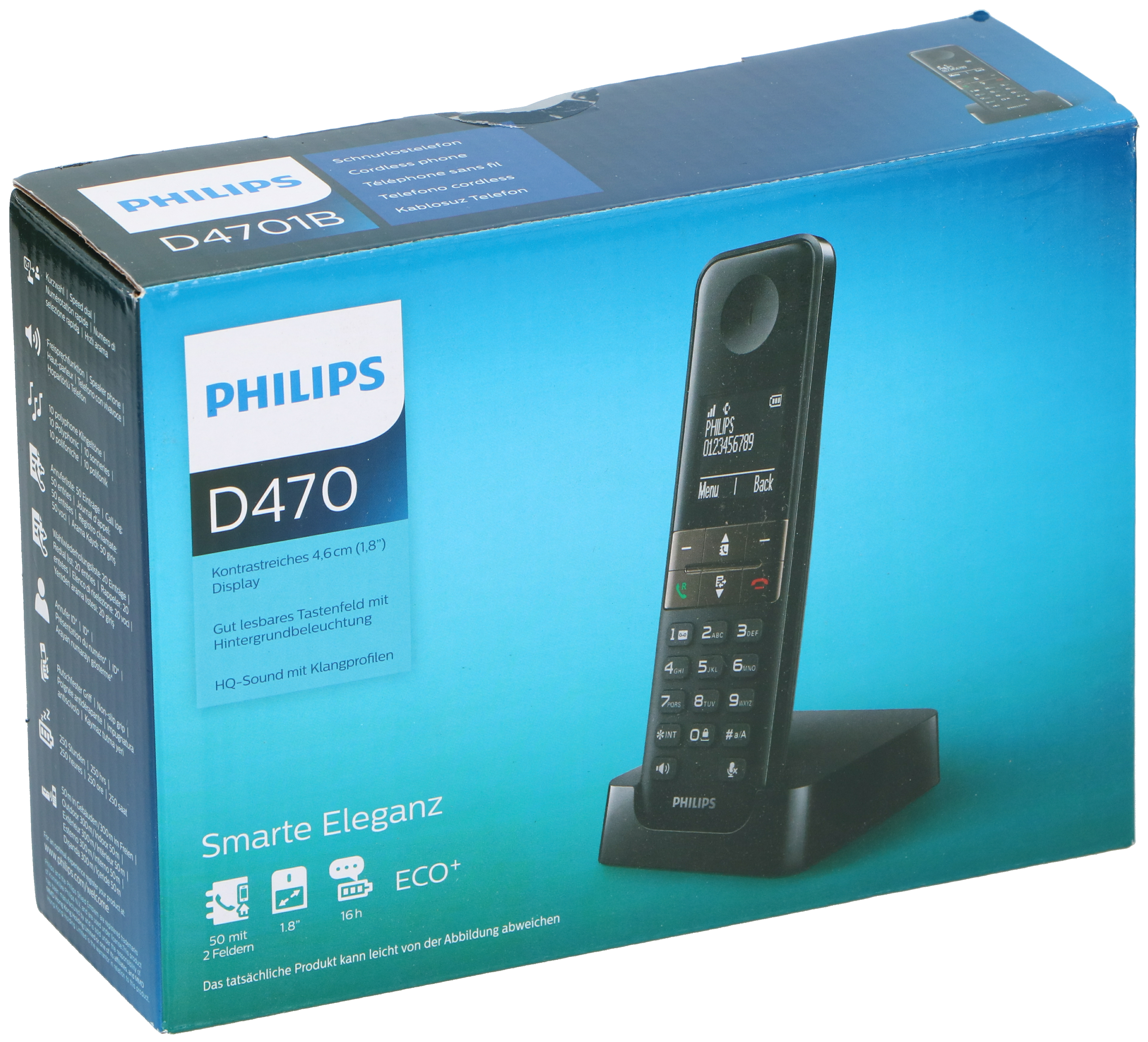 Un téléphone sans fil Philips D4701B dans une boîte. La boîte contient une image du téléphone et de ses fonctionnalités.