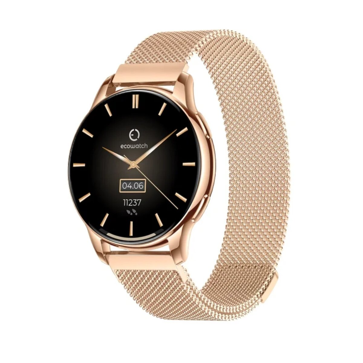 Eine roségoldene Smartwatch mit schwarzem Zifferblatt. Sie hat ein Mesh-Armband und zeigt Datum und Uhrzeit an.
