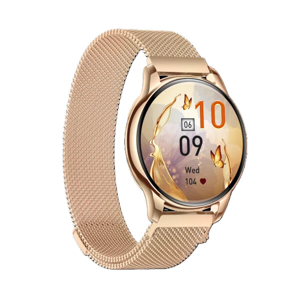 Eine roségoldene Smartwatch mit einem goldenen Mesh-Armband, die die Uhrzeit und ein Schmetterlingsdesign zeigt.