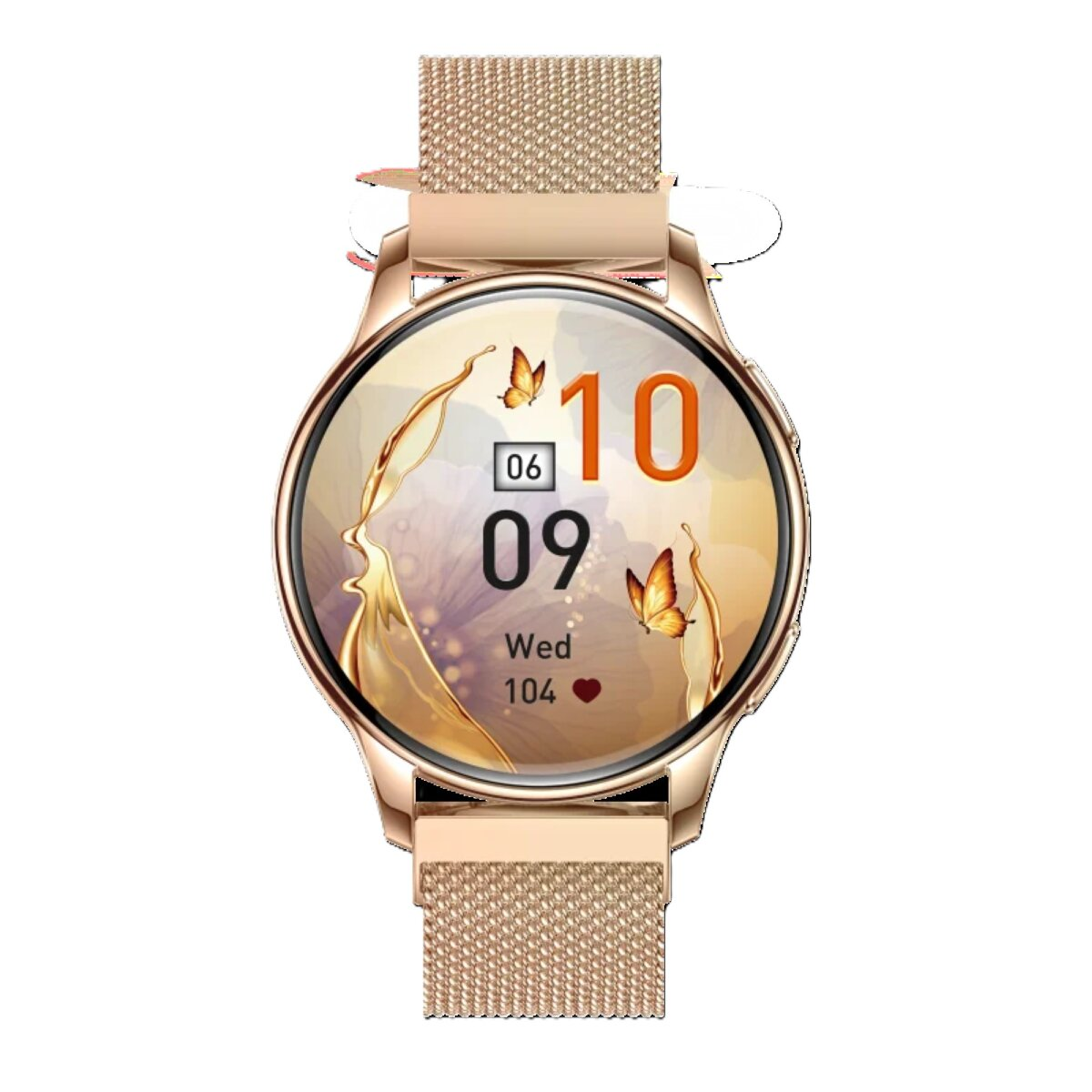 Eine roségoldene Smartwatch mit einem goldenen Mesh-Armband, die die Uhrzeit und ein Schmetterlingsdesign zeigt.
