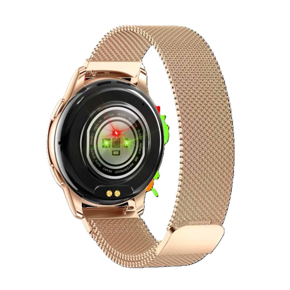 Eine roségoldene Smartwatch mit goldenem Mesh-Armband, die Rückseite zeigt Herzfrequenz und andere Sensoren.