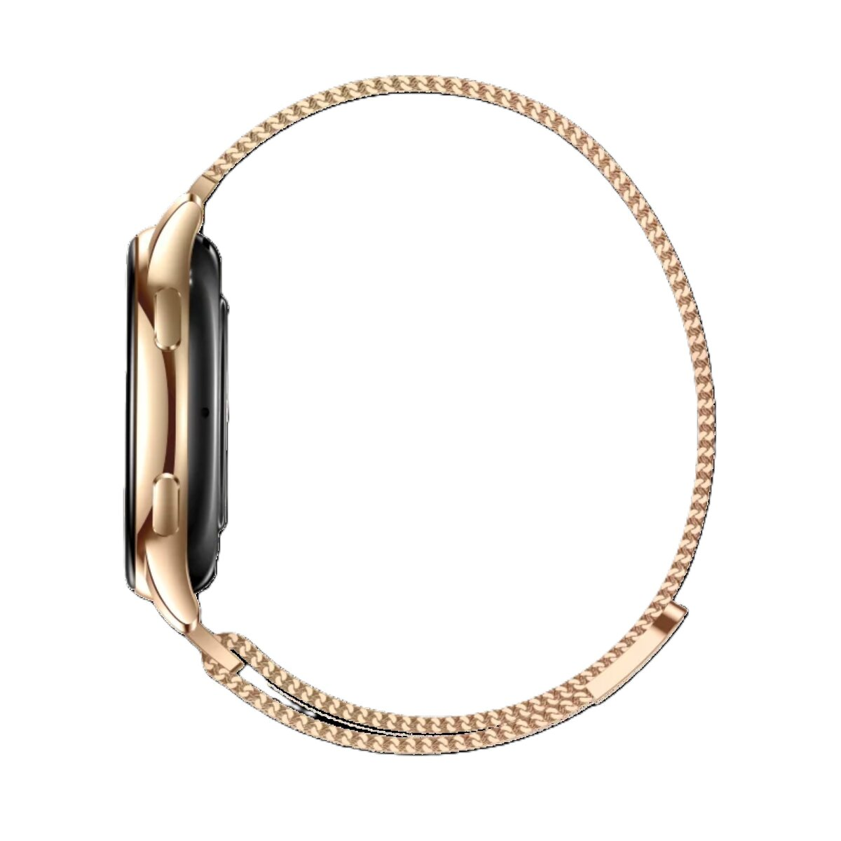Seitenansicht einer roségoldenen Smartwatch. Die Uhr hat ein Mesh-Armband und ein rundes Zifferblatt.