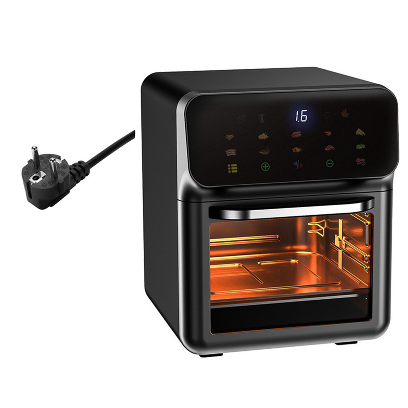 Eine schwarze Heißluftfritteuse mit Digitalanzeige und Stecker. Die Fritteuse hat eine Glasfront, die das Innere zeigt.