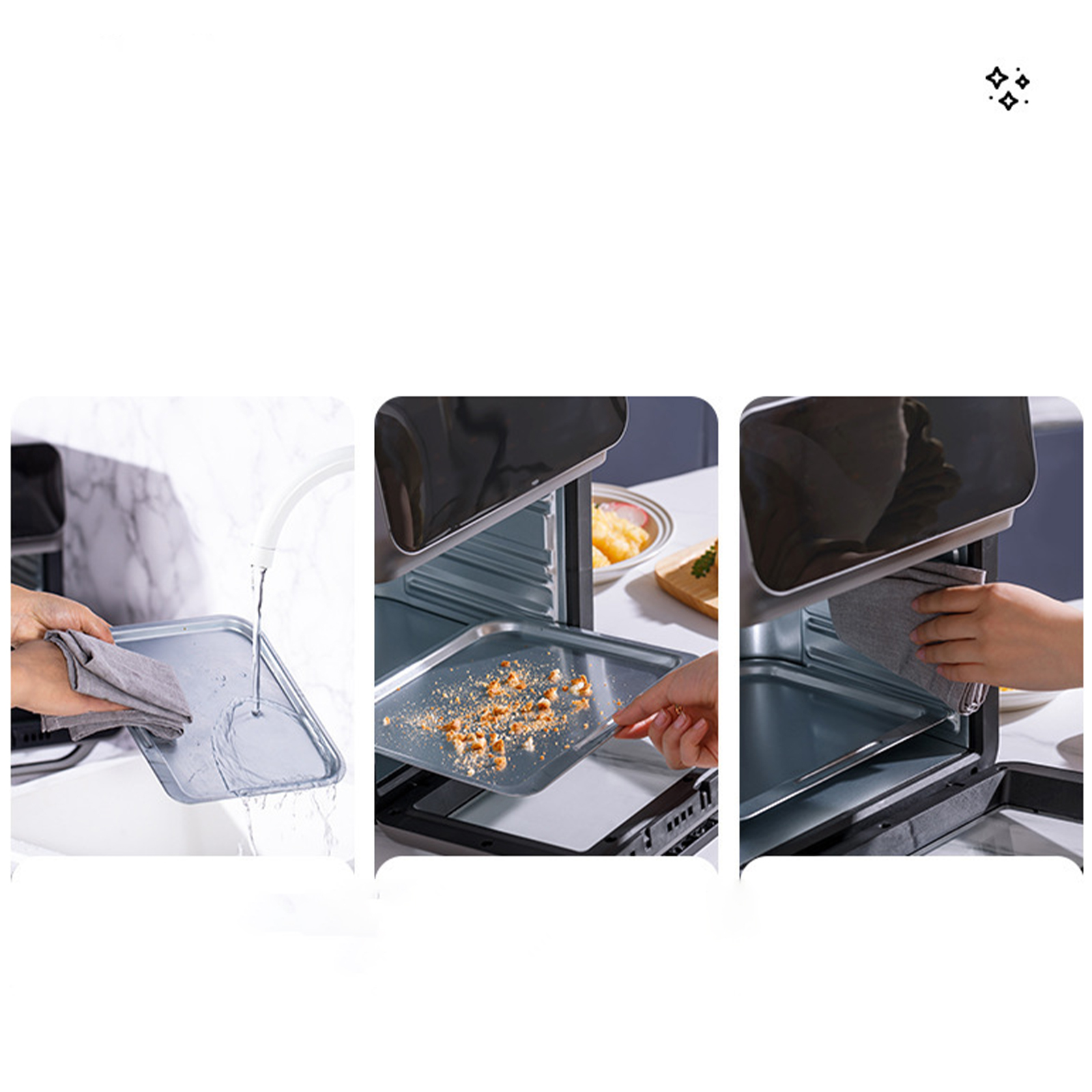 Drei Bilder mit Reinigungsschritten. Ein Tablett unter Wasser, dann mit Essen und schließlich gereinigt.