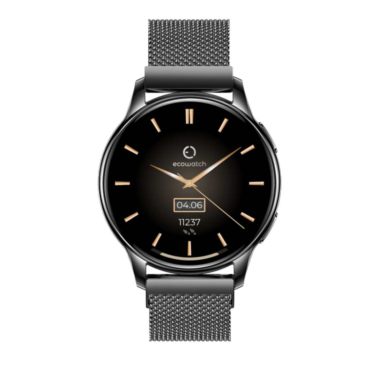 Schwarze ecowatch Smartwatch mit schwarzem Armband, goldenen Akzenten und dem Datum '04.06'.