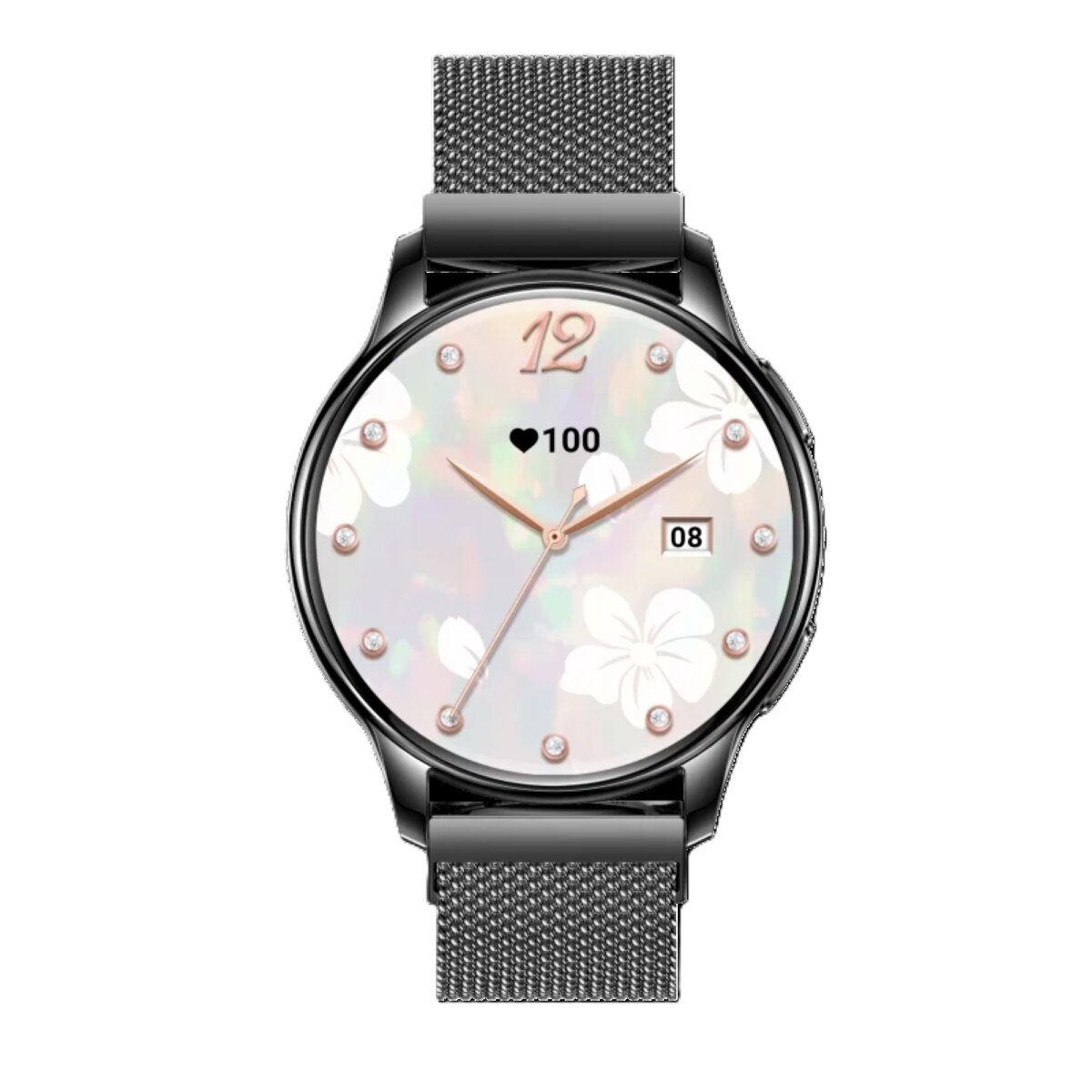 Eine schwarze Smartwatch mit weißem Zifferblatt mit floralem Muster und einem schwarzen Armband.