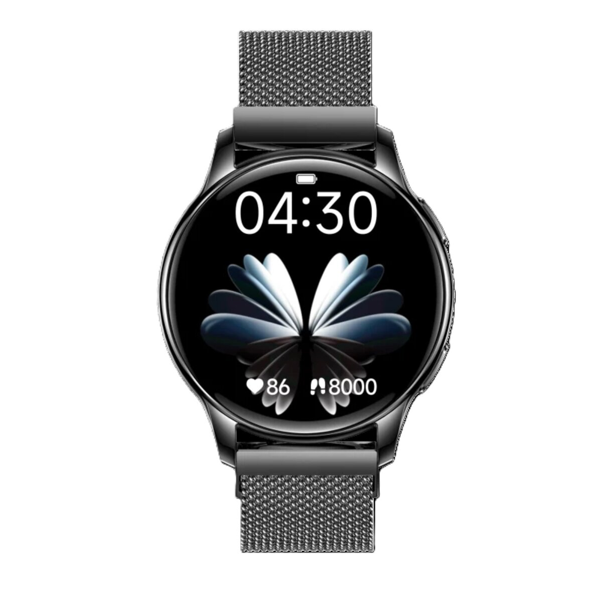 Schwarze Smartwatch mit schwarzem Metallband. Der Bildschirm zeigt Zeit und Metriken.