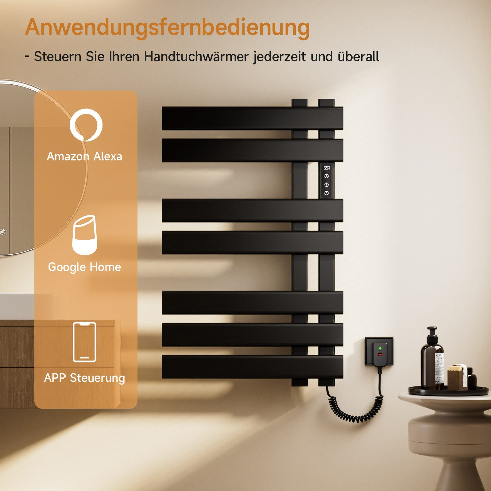 Schwarzer Handtuchwärmer an einer Badezimmerwand. Text über Steuerung via Alexa, Google Home.
