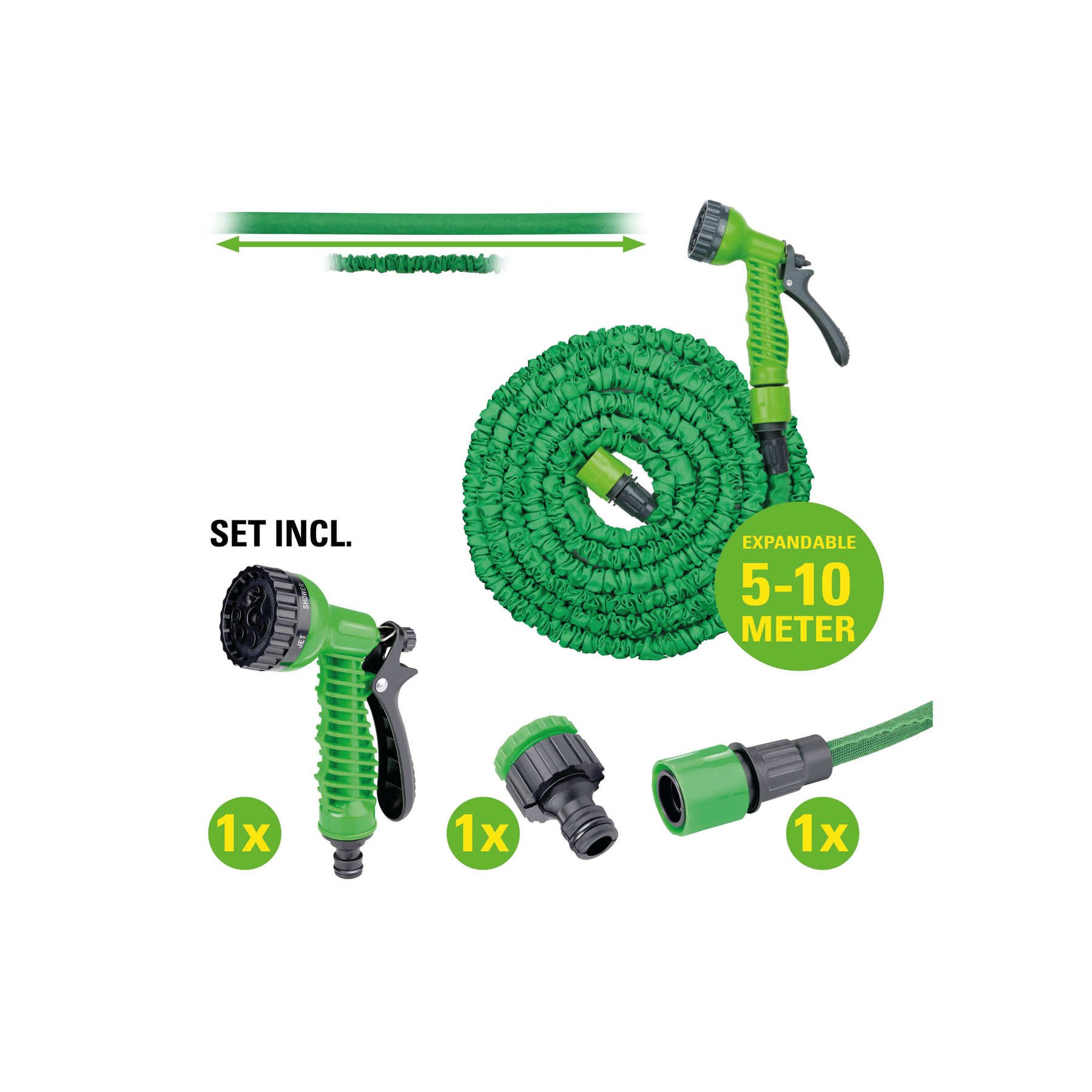 Green expandable garden hose set with two nozzles and connectors.