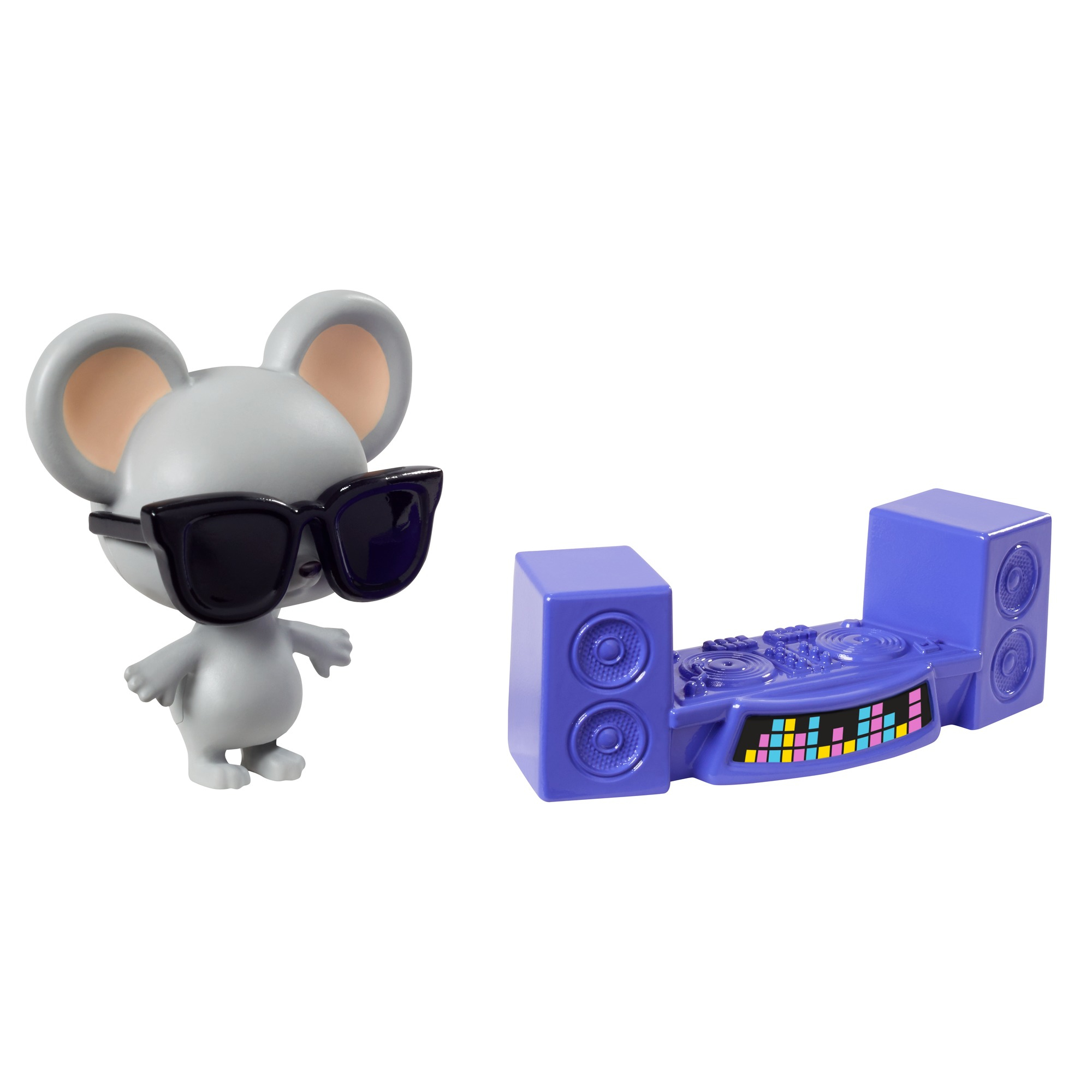 Eine Cartoon-Maus mit Sonnenbrille neben einem blauen Spielzeug-Musikplayer.