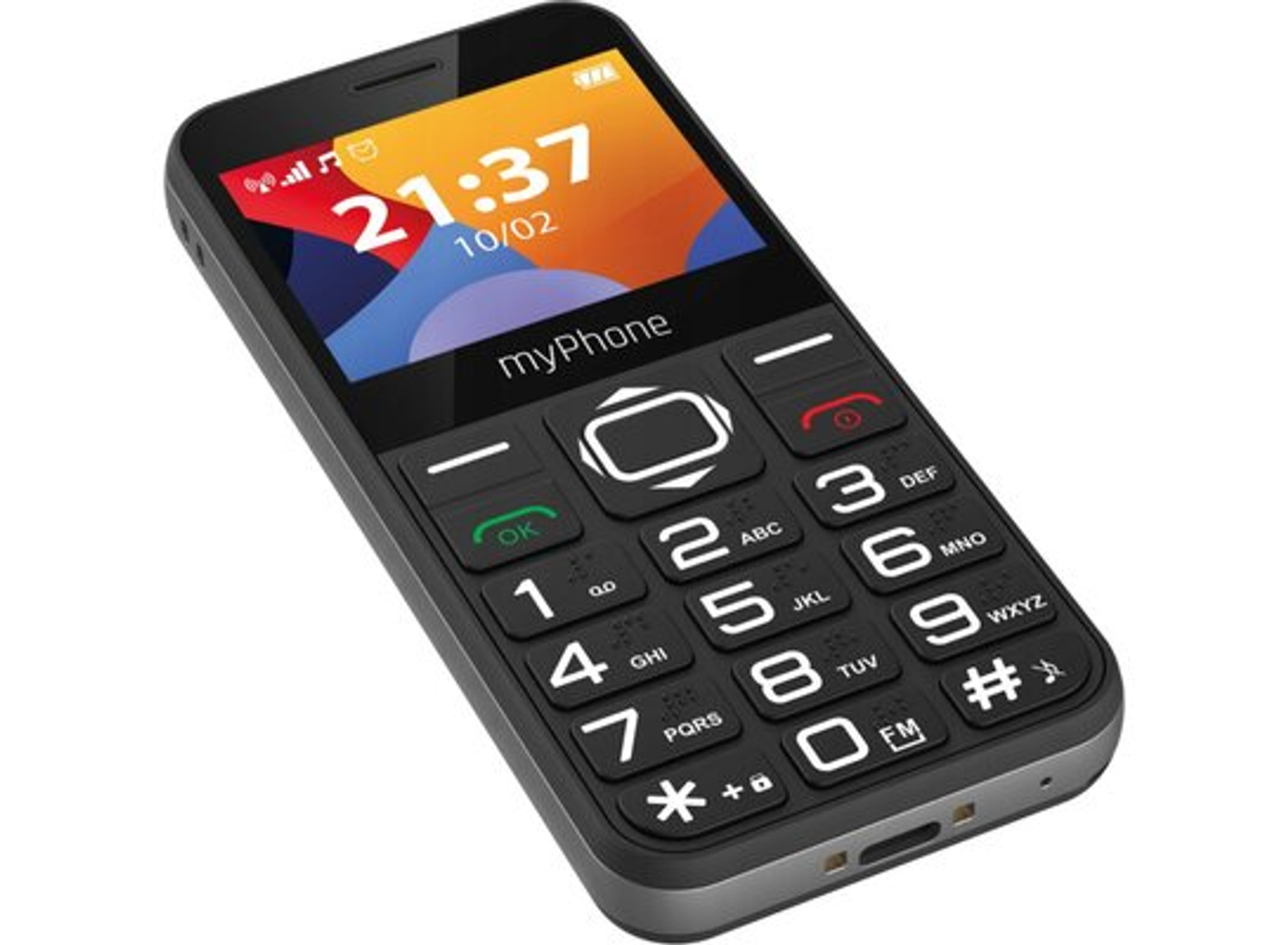 Czarny myPhone. Ma ekran pokazujący godzinę i datę oraz duże przyciski.