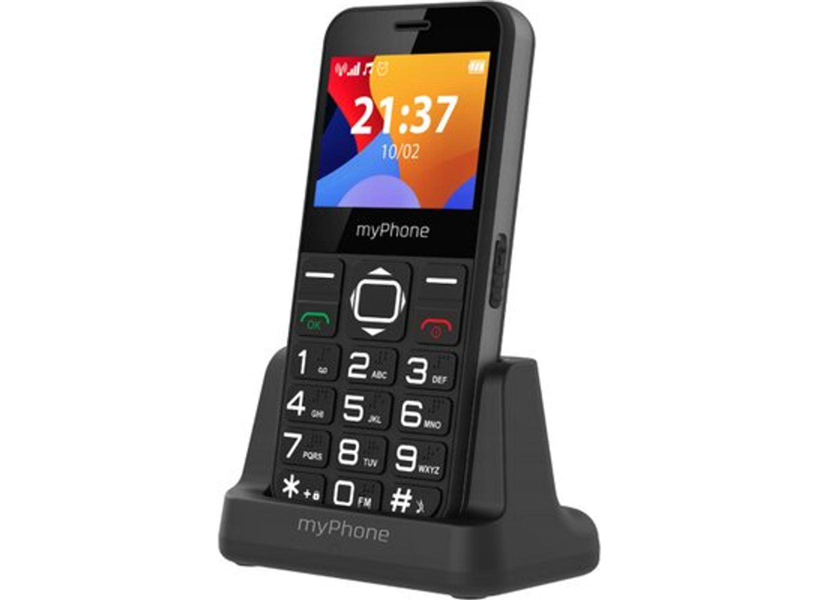 Czarny myPhone. Ma ekran pokazujący godzinę i datę i jest w czarnej kołysce.