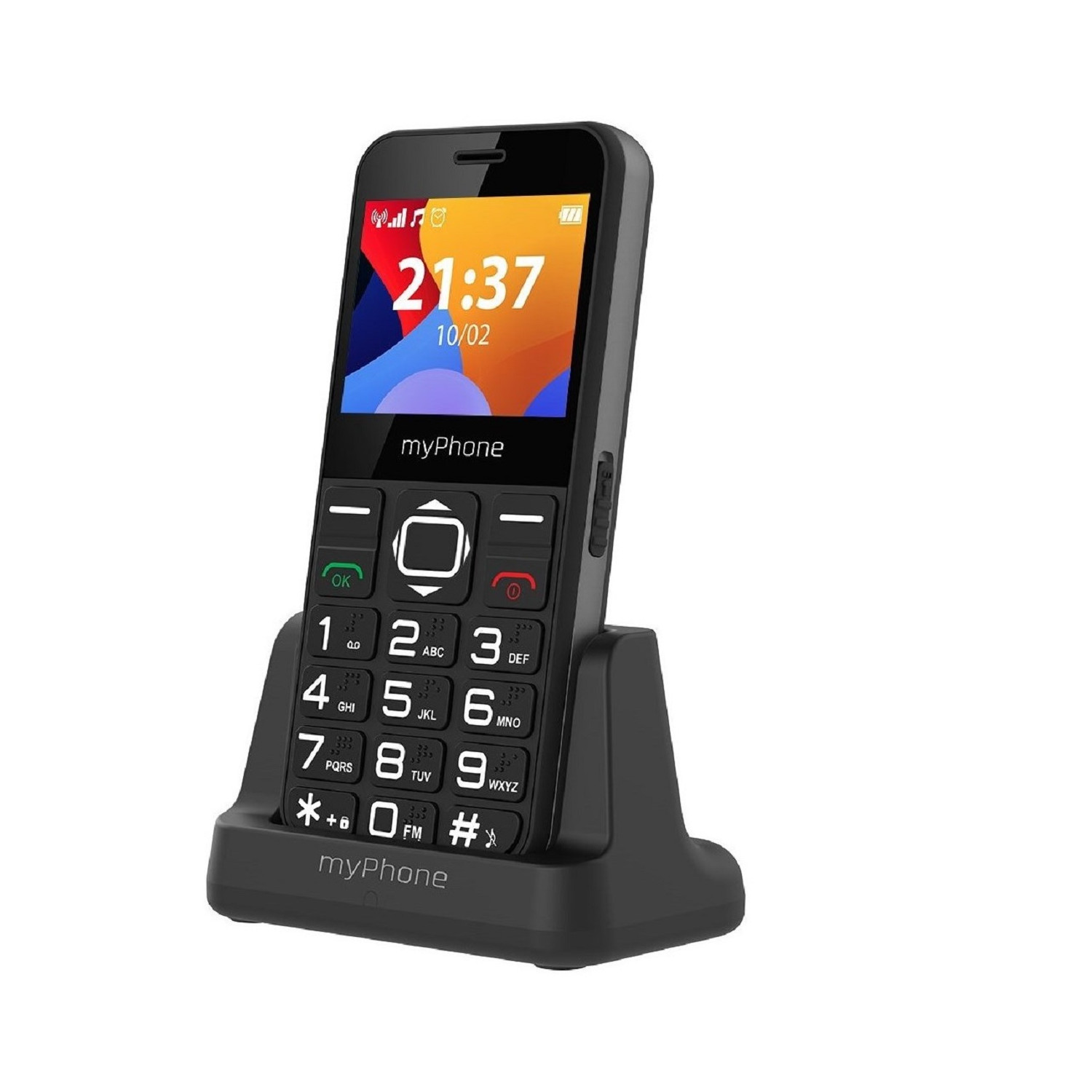 Czarny myPhone na podstawce. Ekran pokazuje godzinę i datę. Duże przyciski i prosty interfejs.