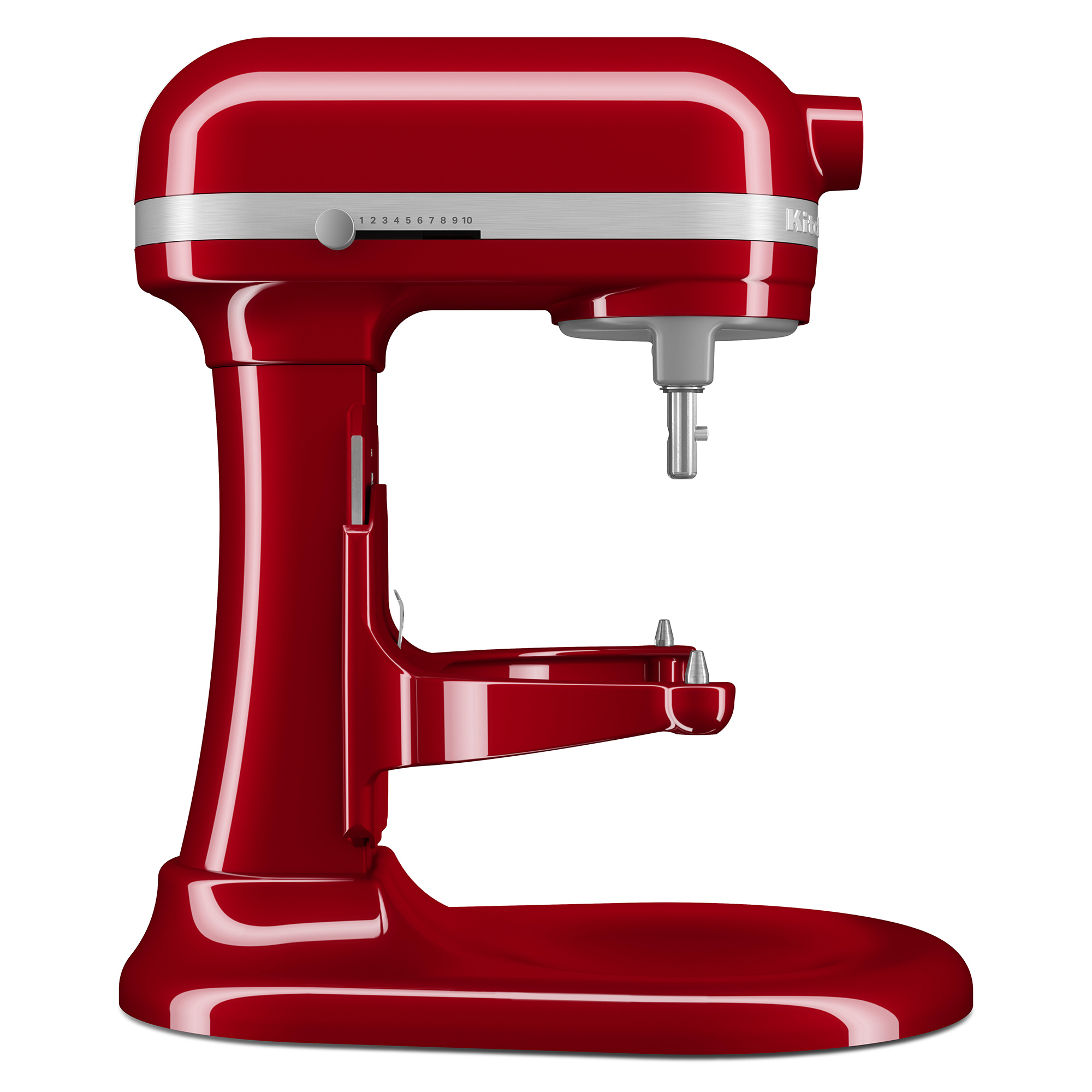 Ein roter KitchenAid-Mixer isoliert auf weißem Hintergrund, Seitenprofil.