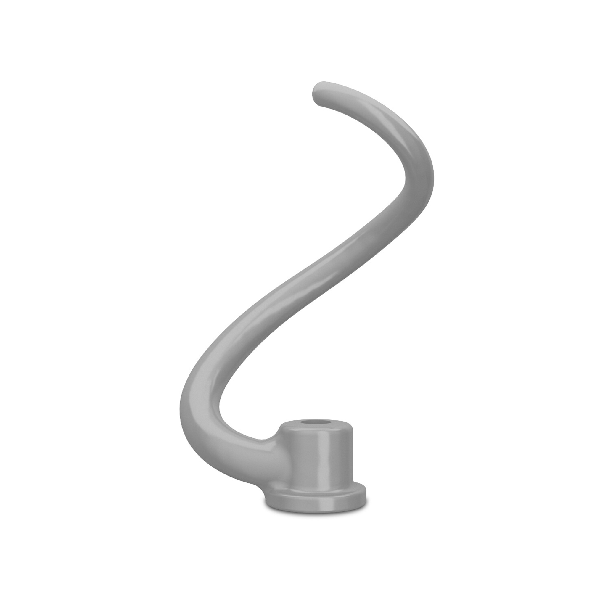 Ein grauer, gebogener Knethaken für einen KitchenAid-Mixer.