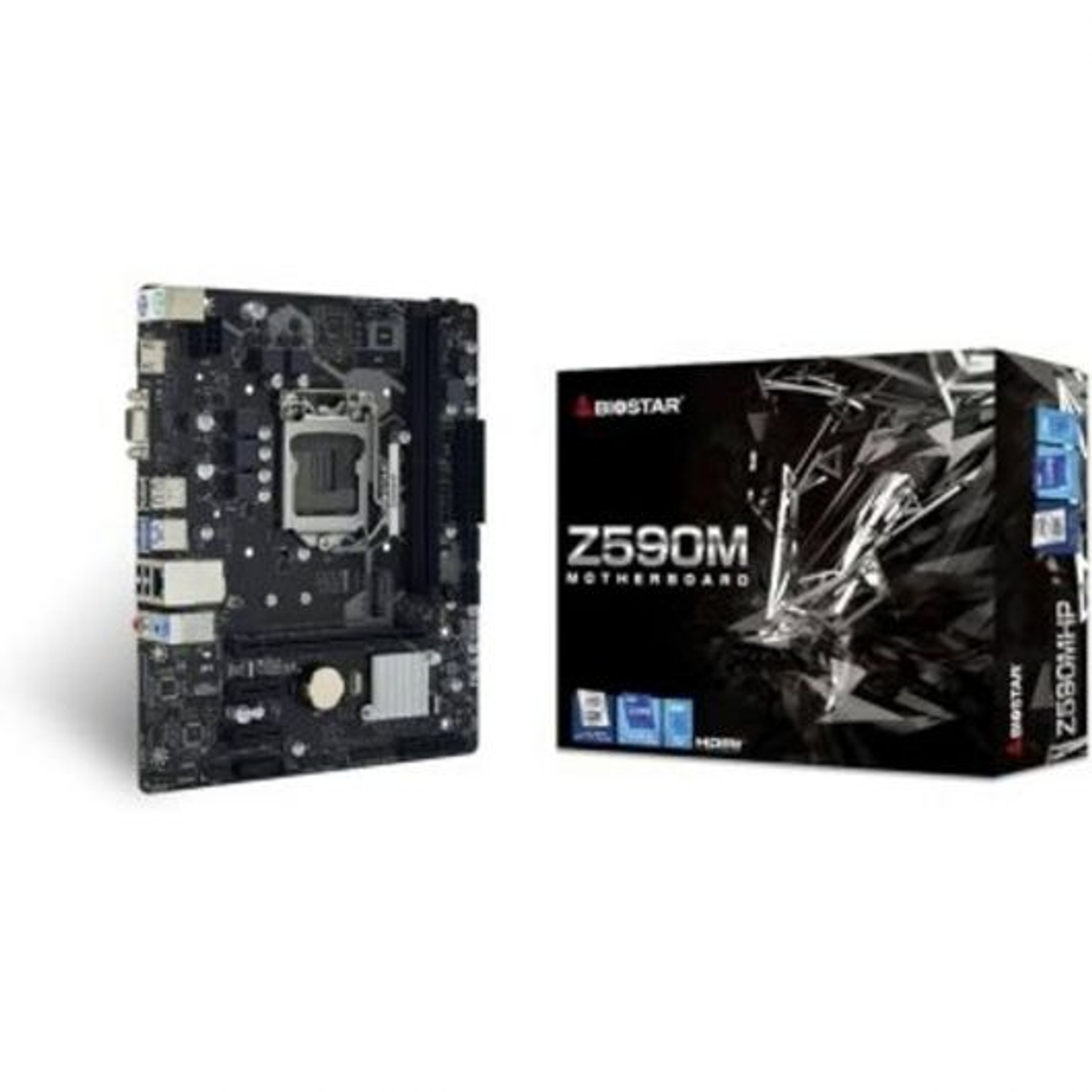 Una scheda madre con una scatola su uno sfondo bianco, che mostra i componenti hardware del PC.