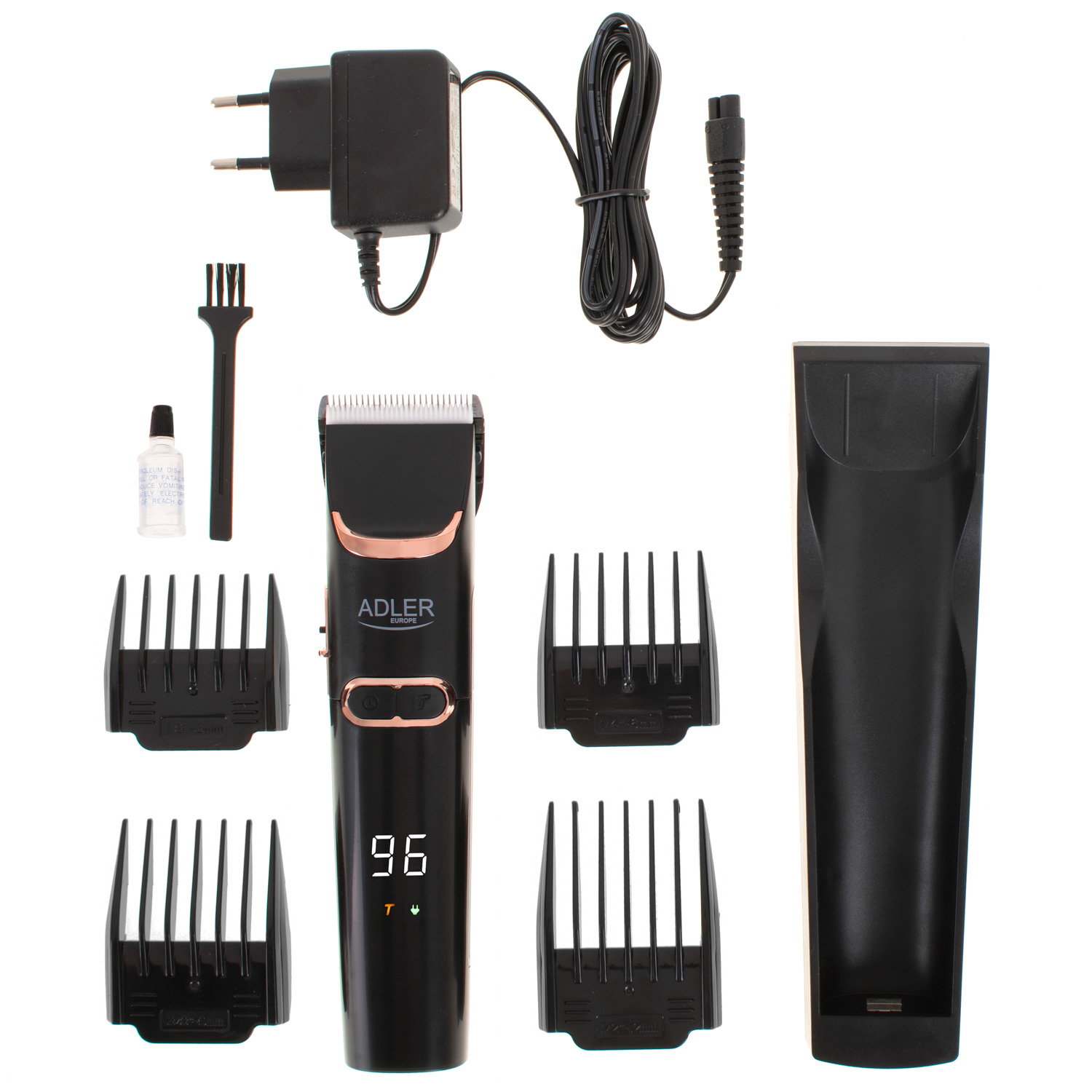 Set tagliacapelli nero con accessori. Include caricatore, pettini, olio e spazzola.