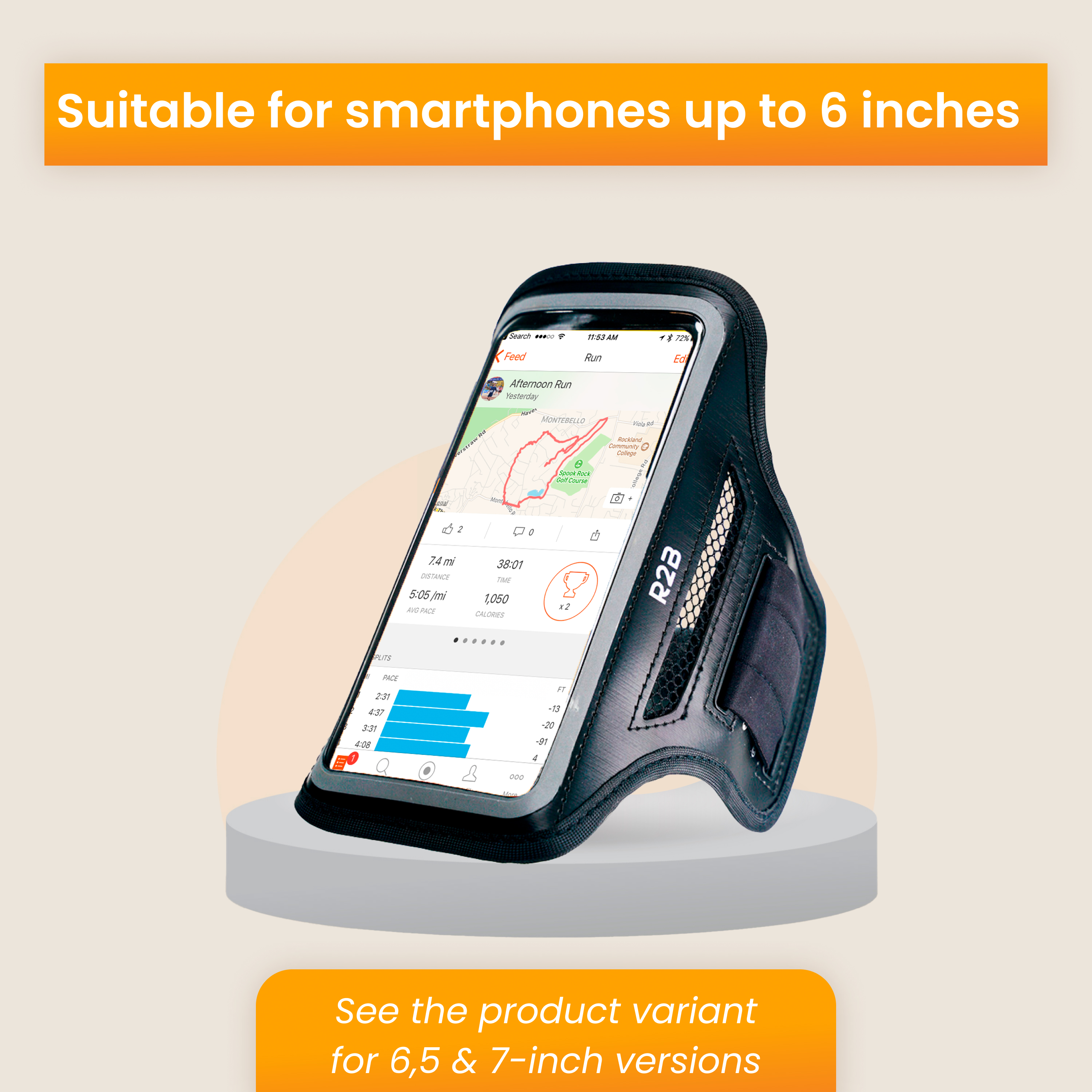Armband met een telefoon erin, met een fitness-app op het scherm, over een oranje oppervlak.