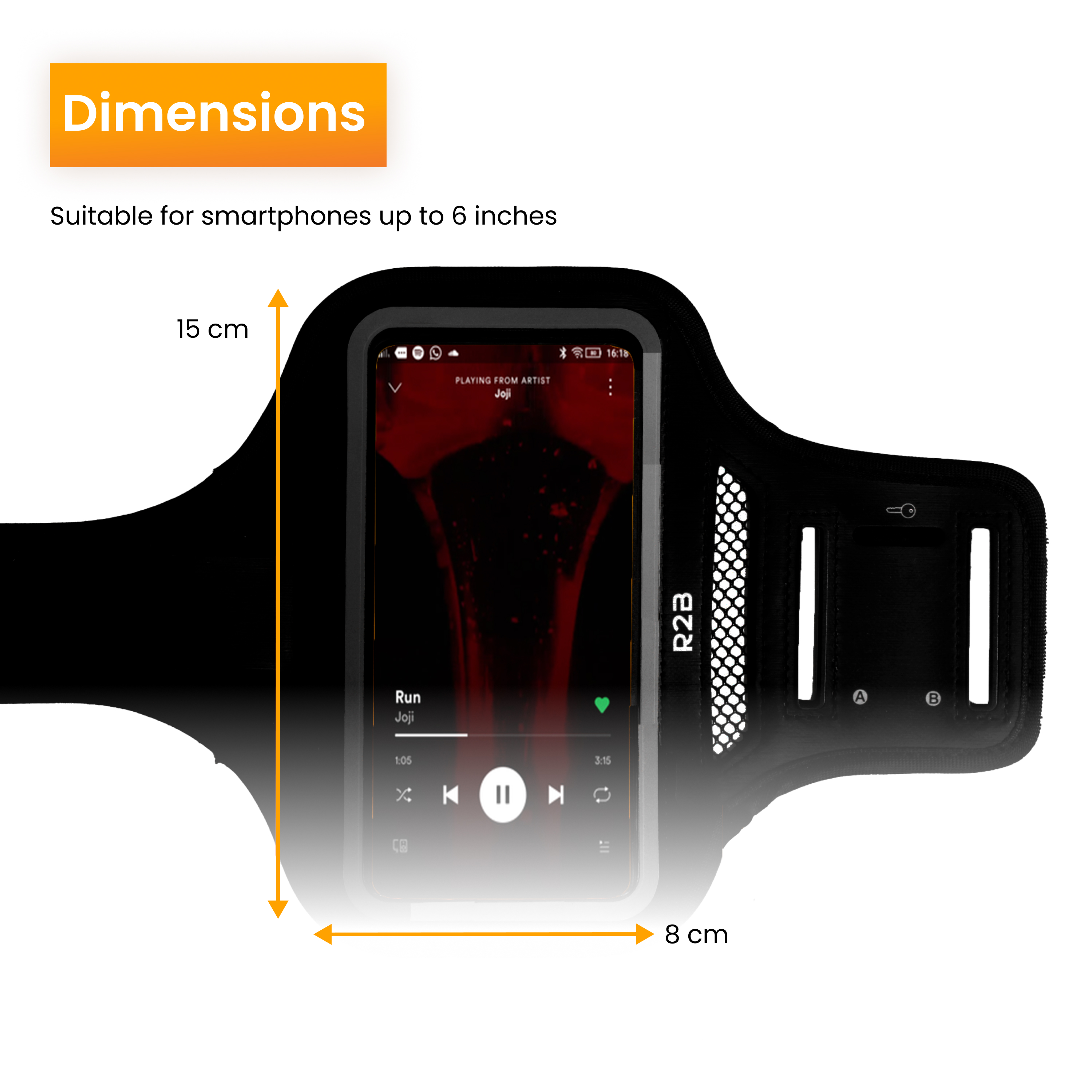 Zwarte armband met telefoon. Telefoonscherm toont muziek-app. Afmetingen 15cm x 8cm.
