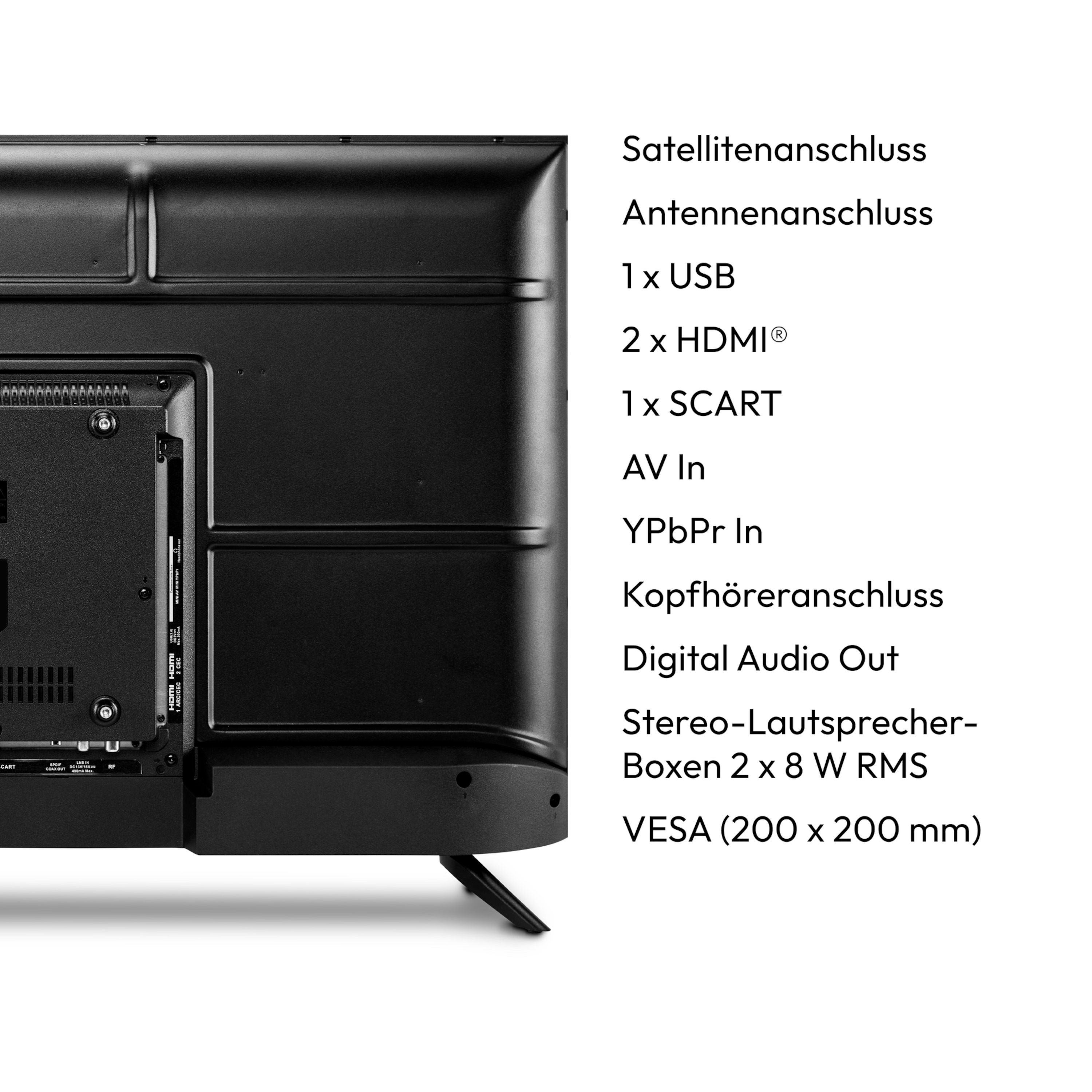 De achterkant van een zwarte tv met verschillende ingangspoorten en een VESA-specificatielabel.