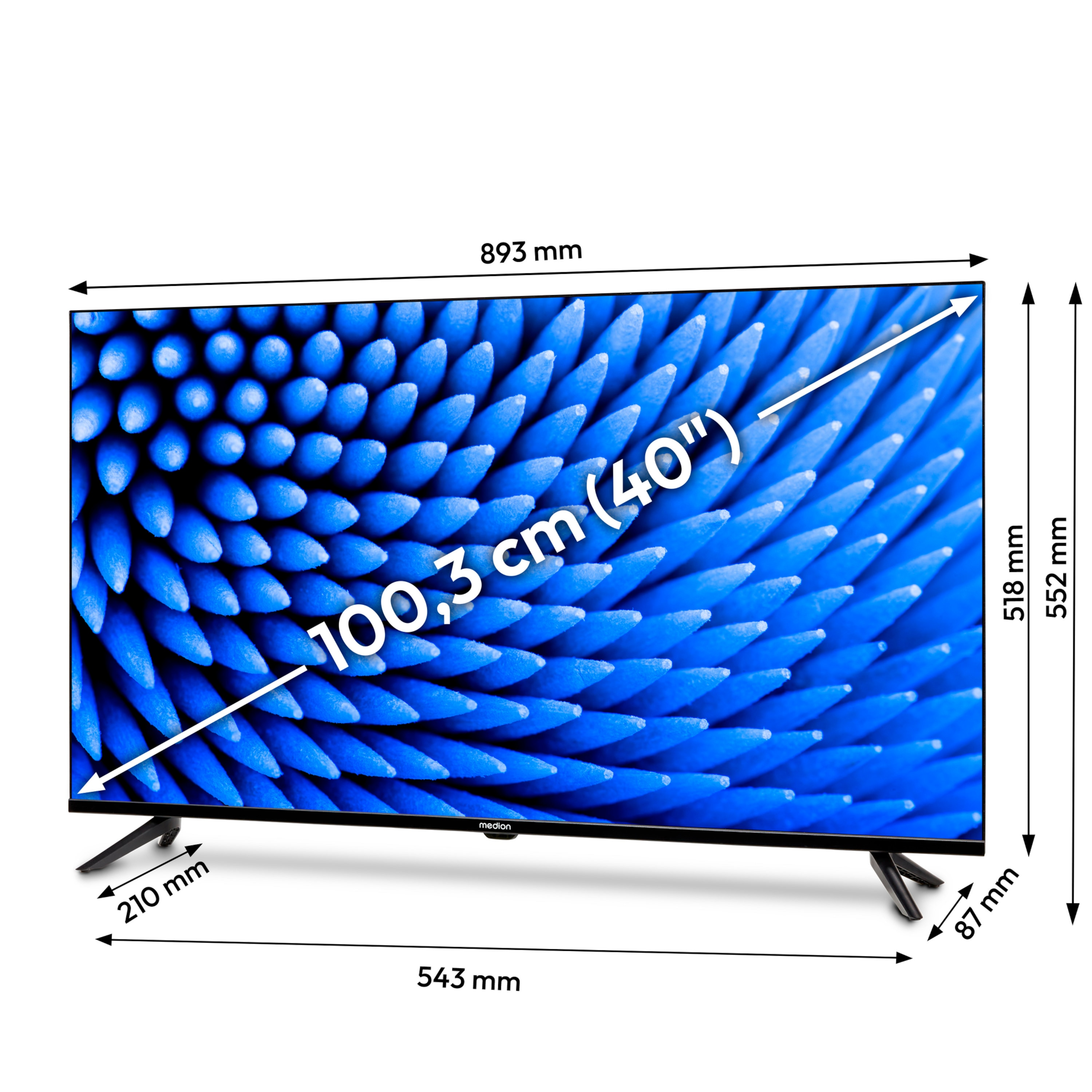 Een 40-inch Medion tv met een blauw patroonscherm. Er worden afmetingen rondom de tv weergegeven.