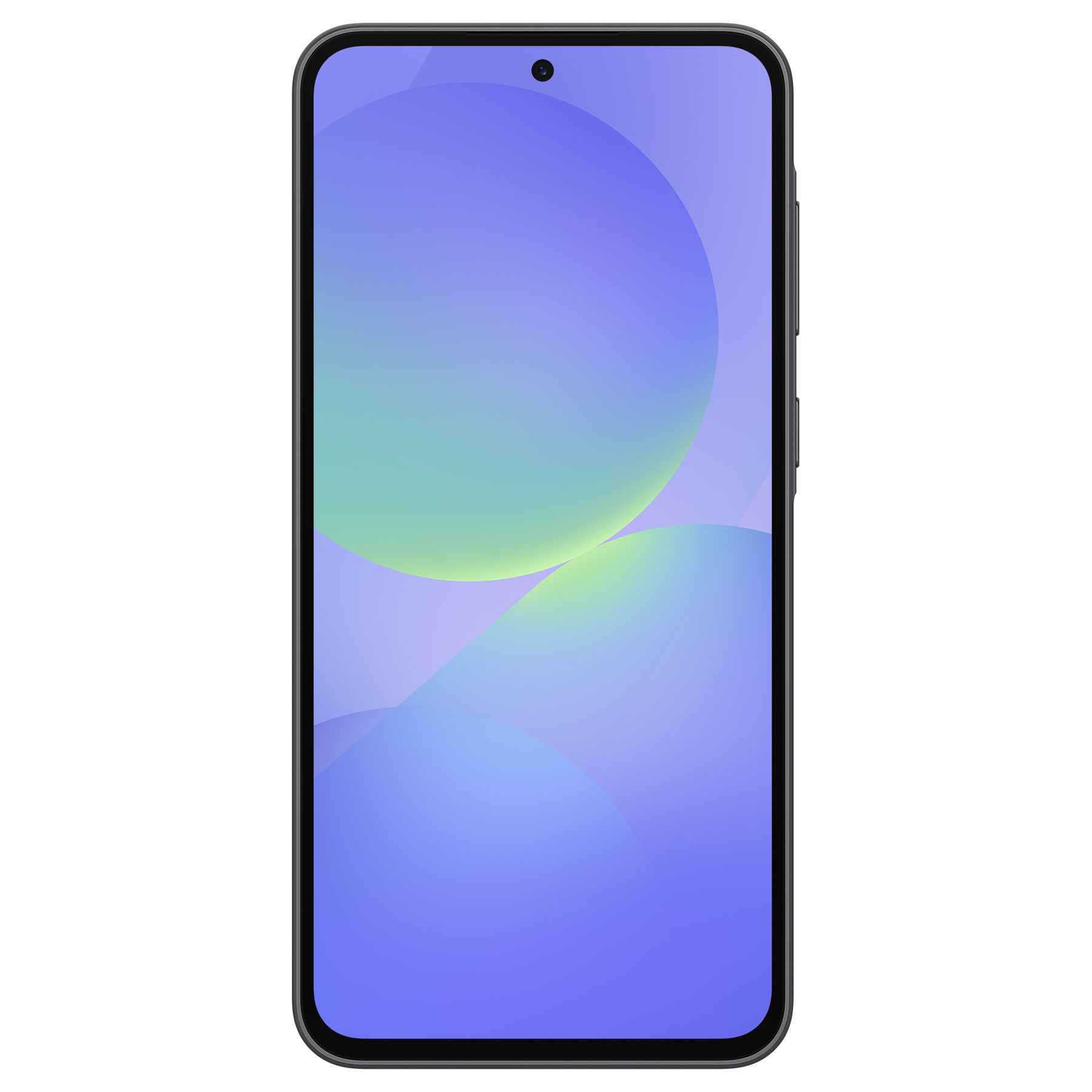 Smartfon z niebiesko-zielonym abstrakcyjnym tłem, czarną ramką i aparatem.