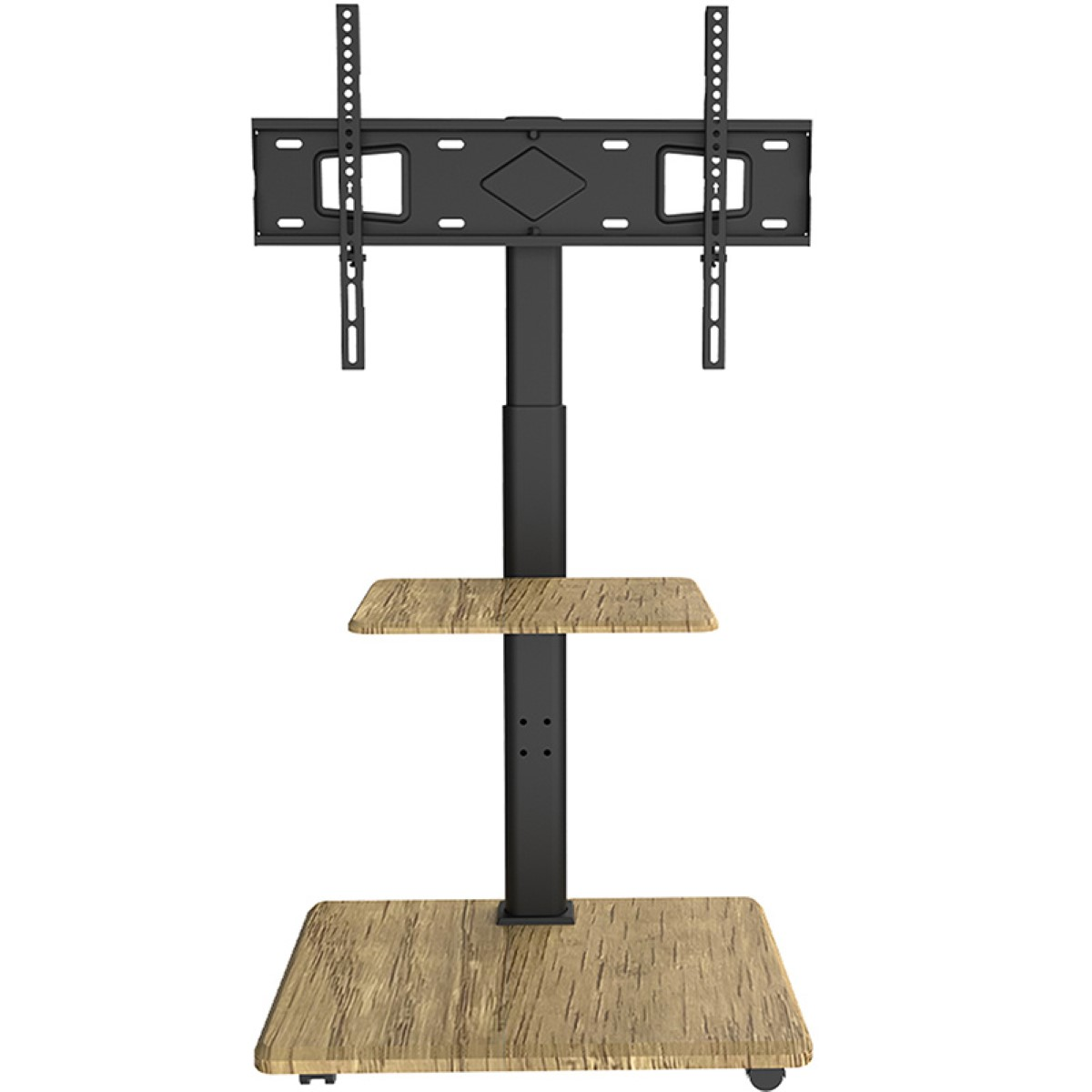 Een zwart-bruine tv-standaard met twee planken. Het heeft een montagebeugel voor een tv.