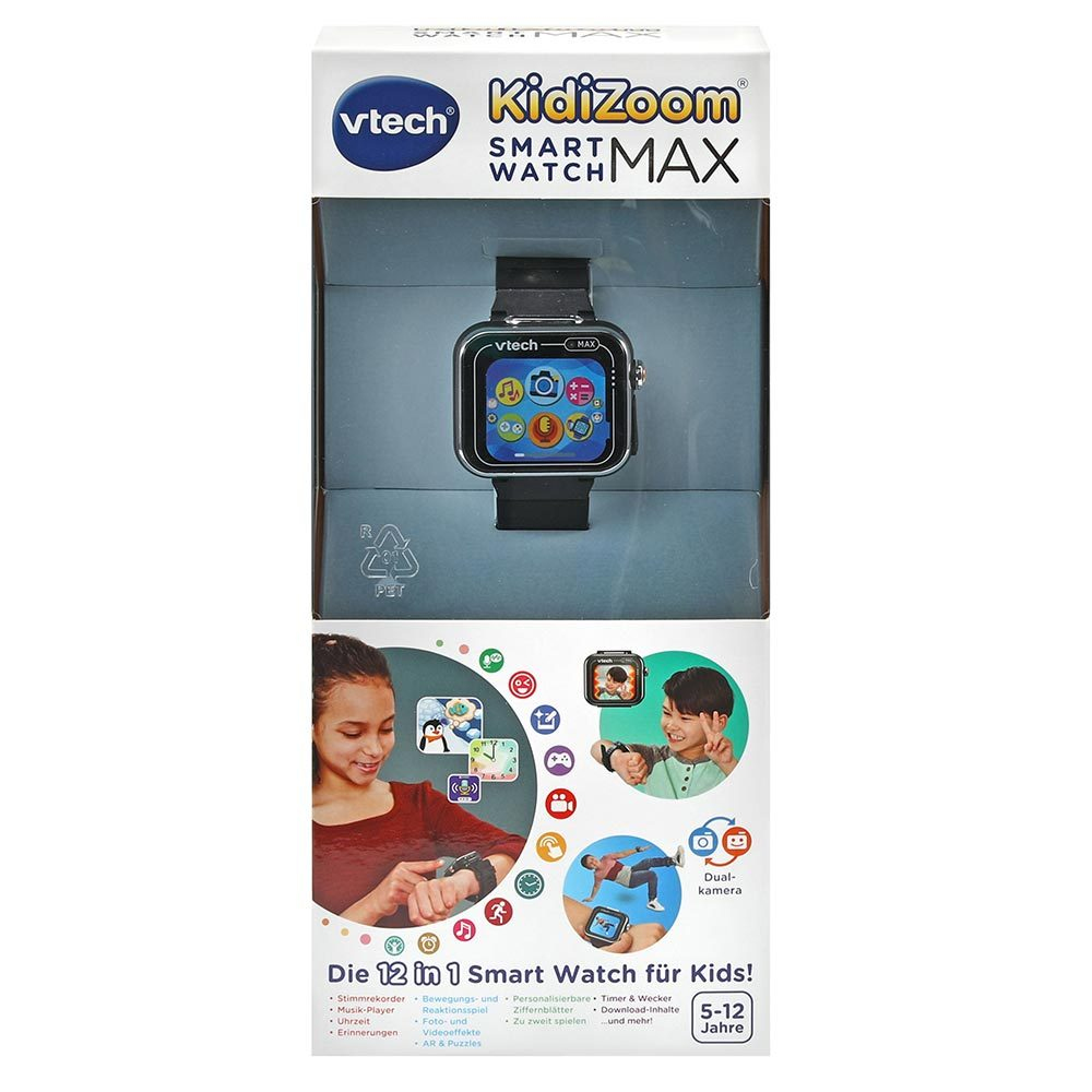 Eine Vtech Kidizoom Smartwatch-Box. Sie zeigt die Uhr und Funktionen wie Musik, Spiele und Dual-Kamera.