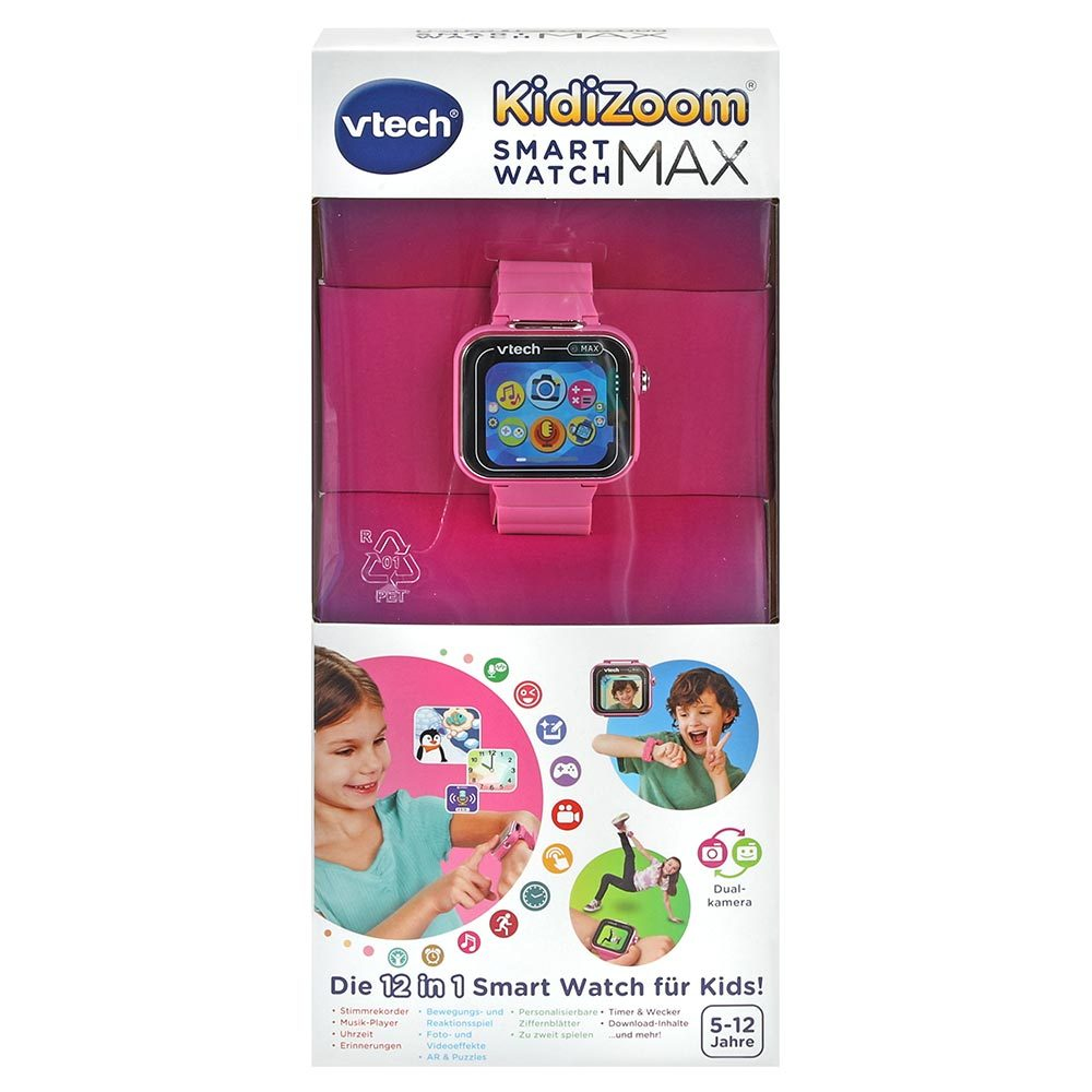 Caja rosa VTech Kidizoom Smartwatch Max. El reloj es visible. Gráficos muestran funciones y niños usándolo.