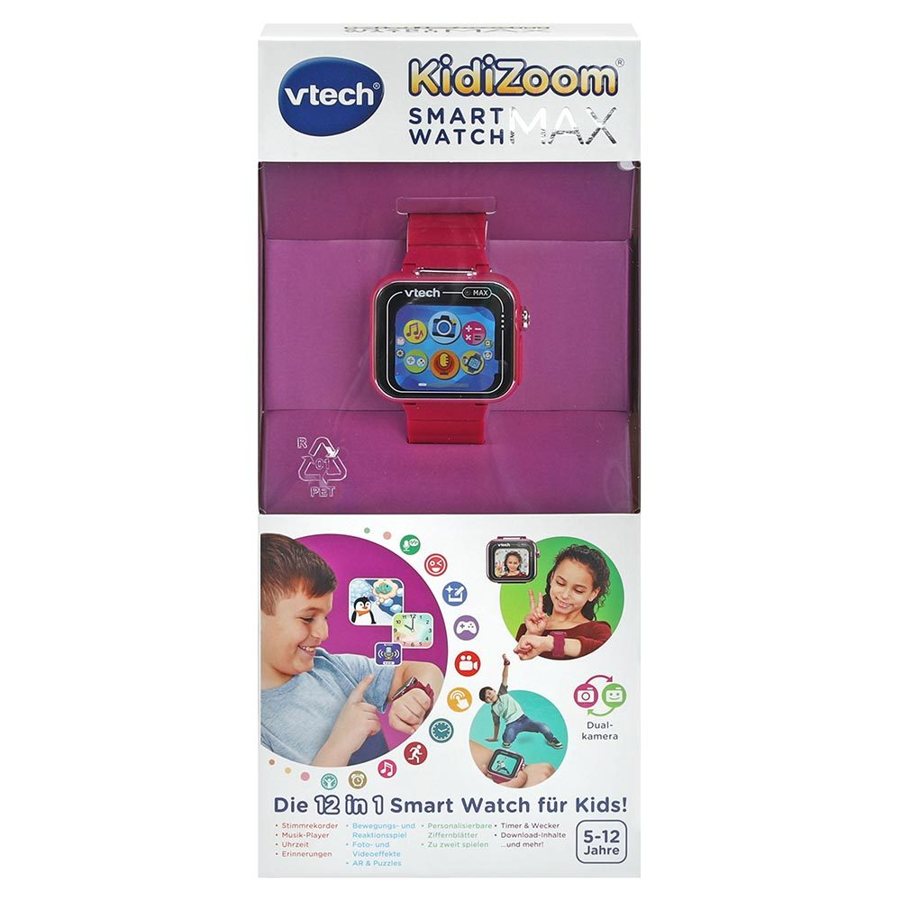 Una scatola per smartwatch Vtech Kidizoom. Mostra un orologio rosa e funzioni come musica, giochi e doppia fotocamera.