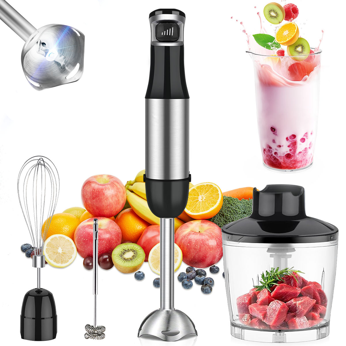 Ein Mixer mit verschiedenen Aufsätzen, Früchten und einem Smoothie.
