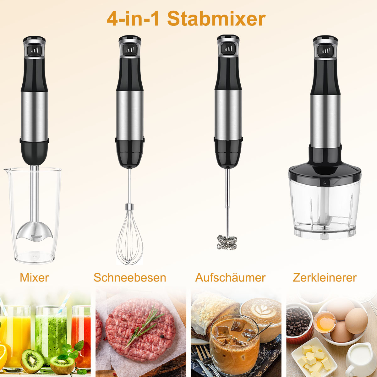 Vier Mixaufsätze mit Beispielen für Lebensmittel: Mixer, Schneebesen, Aufschäumer und Zerkleinerer. Verschiedene Lebensmittel.