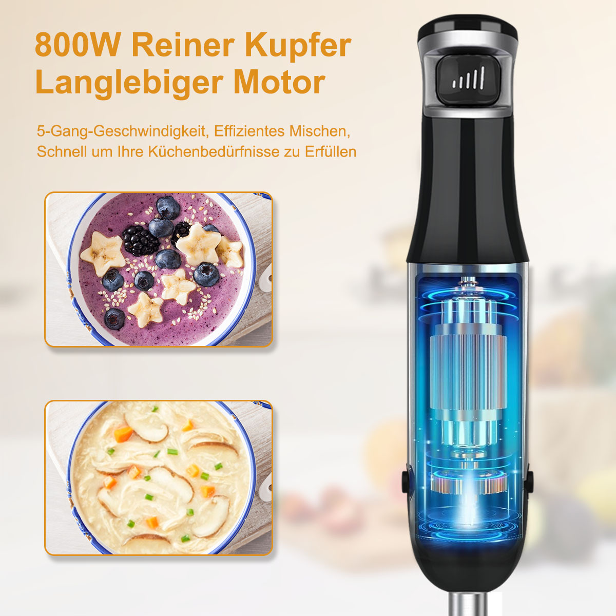 Handmixer mit sichtbarem Motor und zwei Bildern von gemixtem Essen. Text zum Motor und zu den Geschwindigkeitseinstellungen sichtbar.