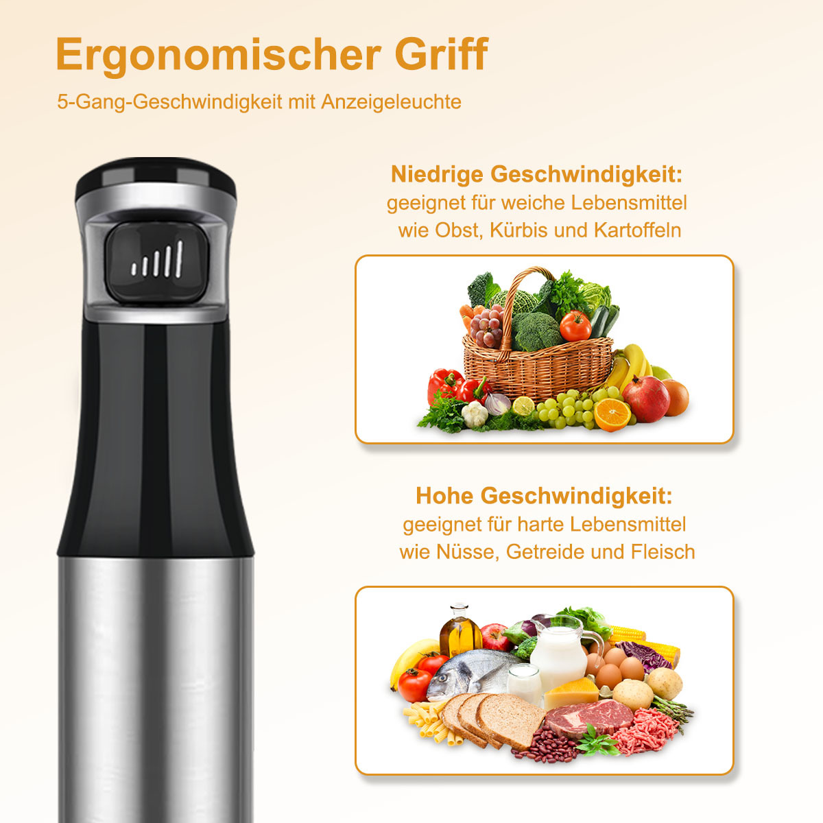 Ein Mixer mit schwarzem und silbernem Gehäuse. Er hat ein Bedienfeld und Bilder von Obst und Gemüse.