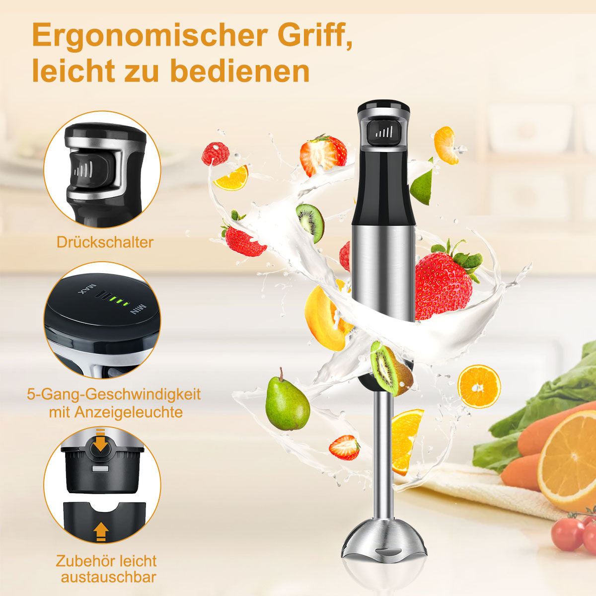 Ein Mixer mit Früchten, einem Bedienfeld und verschiedenen Aufsätzen.