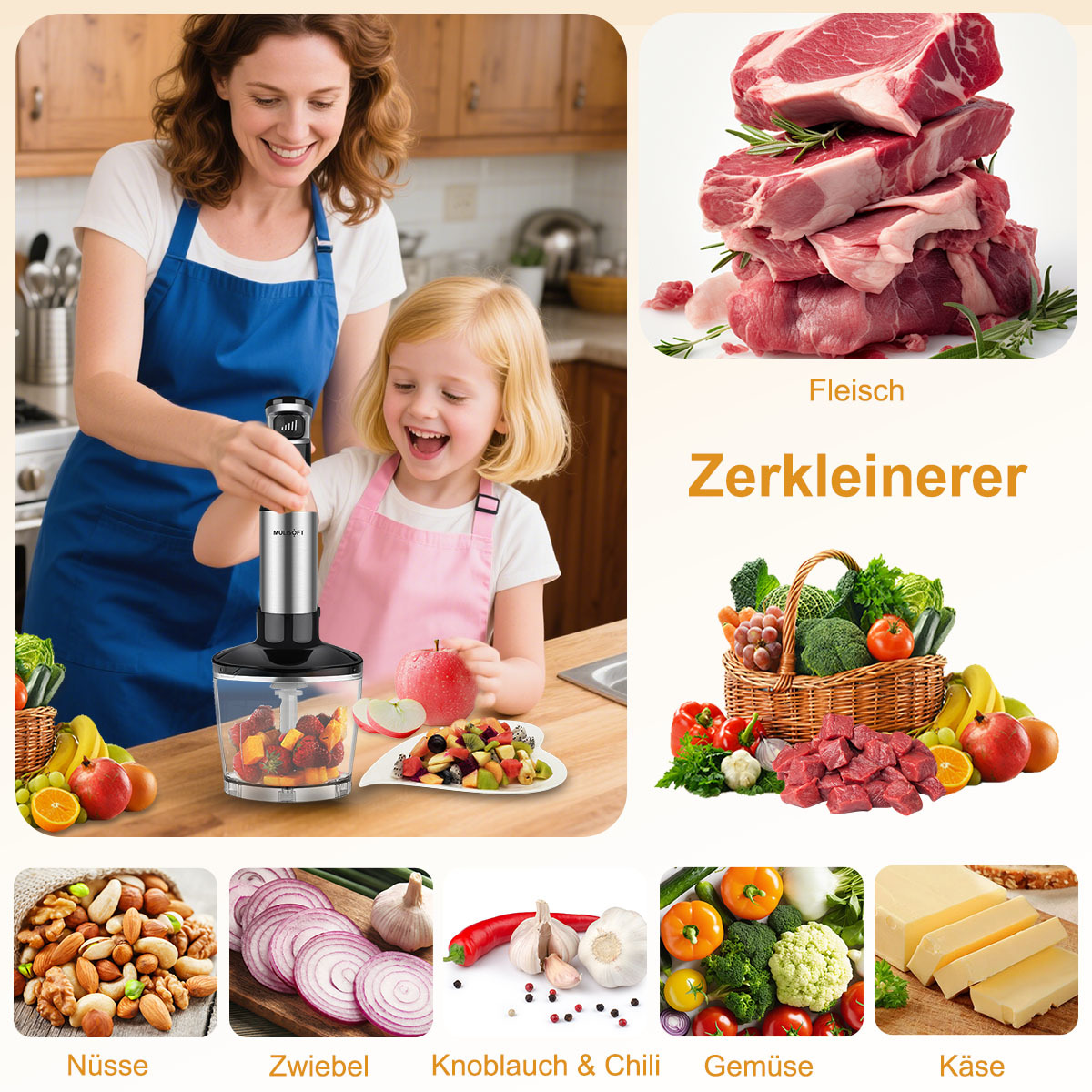 Eine Frau und ein Mädchen benutzen einen Mixer mit Lebensmitteln: Fleisch, Gemüse, Nüsse, Zwiebeln, Knoblauch, Käse.
