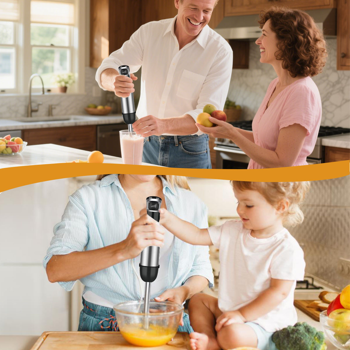 Familie benutzt Handmixer. Mann mixt im Glas, Frau mit Äpfeln, Kind hilft in Schüssel. Küchenumgebung im Hintergrund.