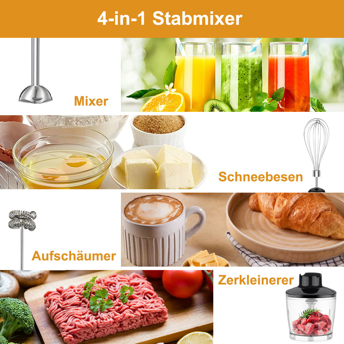 Verschiedene Bilder zeigen einen 4-in-1-Mixer mit seinen verschiedenen Anwendungen: Mixer, Schläger, Aufschäumer und Zerkleinerer.