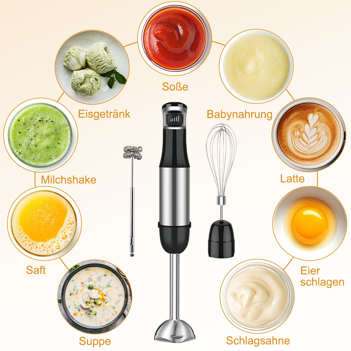 Handmixer mit Aufsätzen und Lebensmitteln: Suppe, Milchshake, Sauce und mehr. Lebensmittel um den Mixer herum.