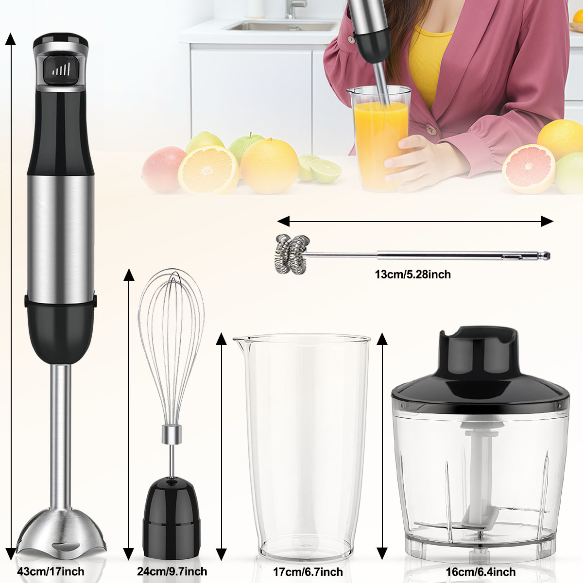 Handmixer-Set mit Aufsätzen: Schneebesen, Becher, Zerkleinerer und Mixer. Auch Früchte sind abgebildet. Abmessungen sind angegeben.