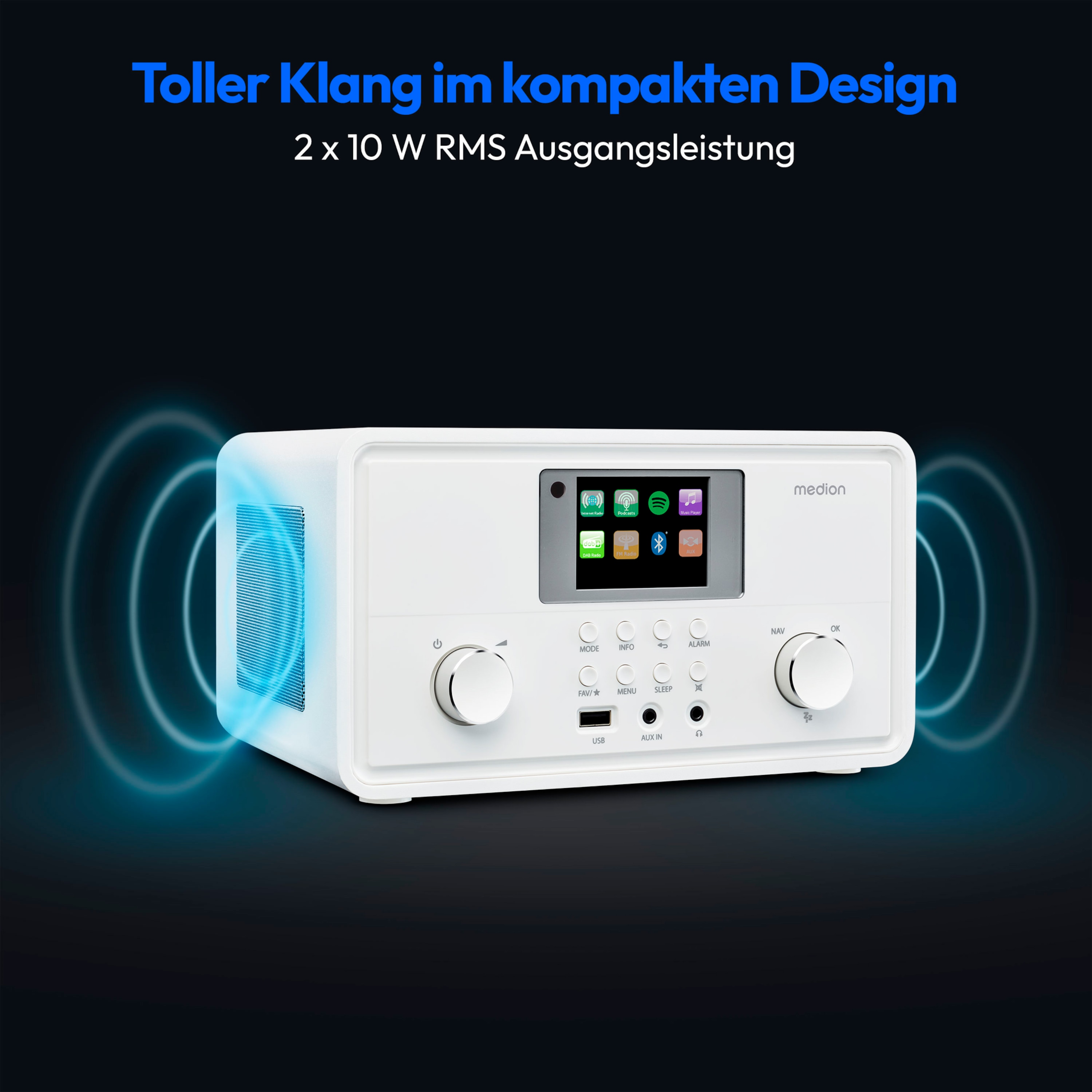 Białe radio z małym kolorowym ekranem i niebieskimi falami dźwiękowymi.