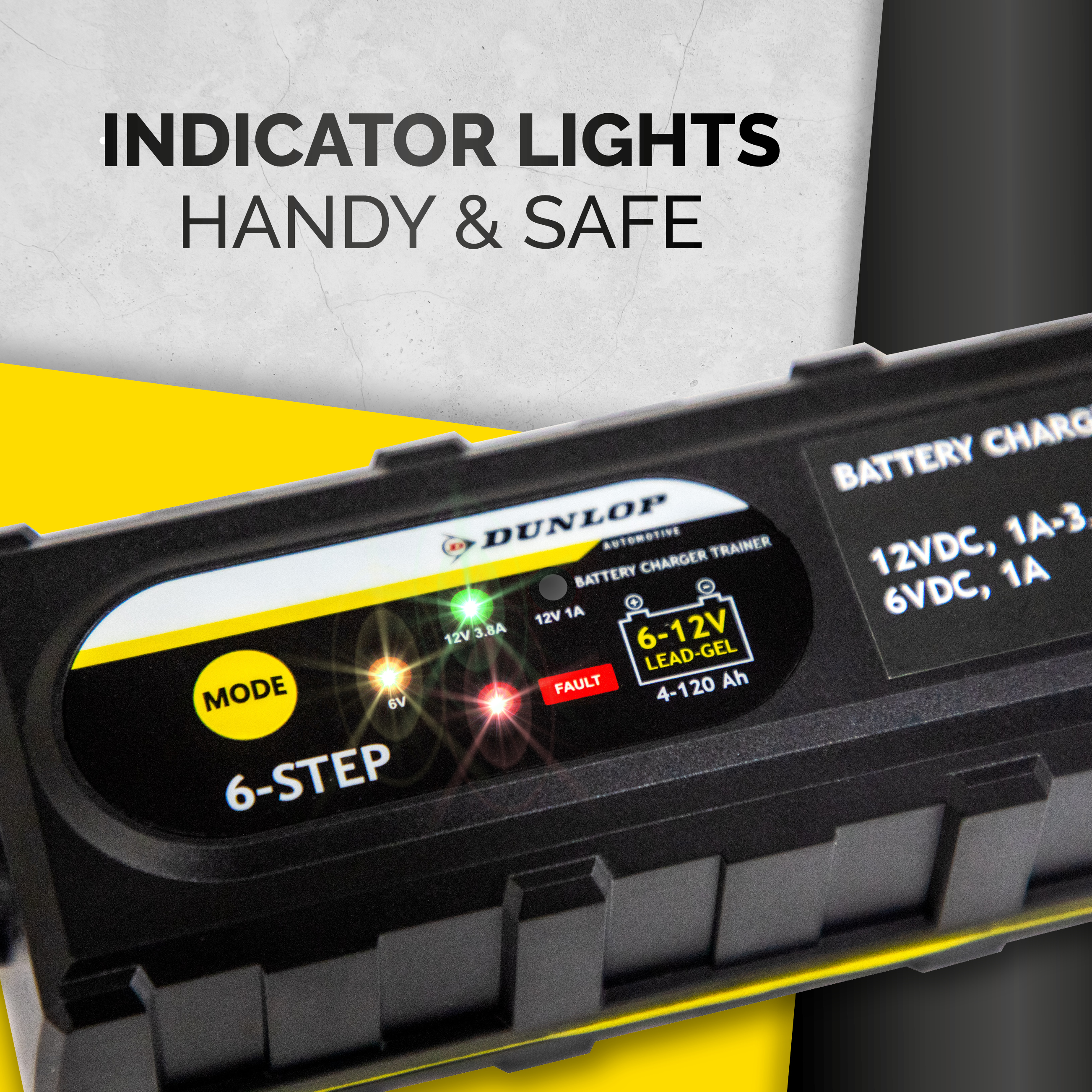 Un cargador de batería con luces indicadoras, que muestra una luz verde, una luz roja y un fondo amarillo.