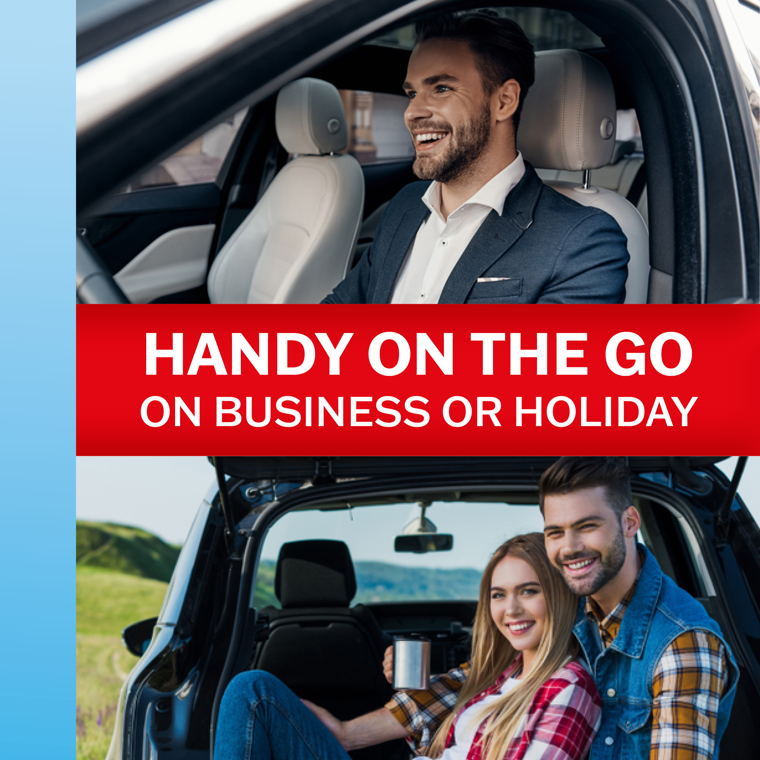 A man driving a car, with a couple in the back, text overlay: Handy on the Go.