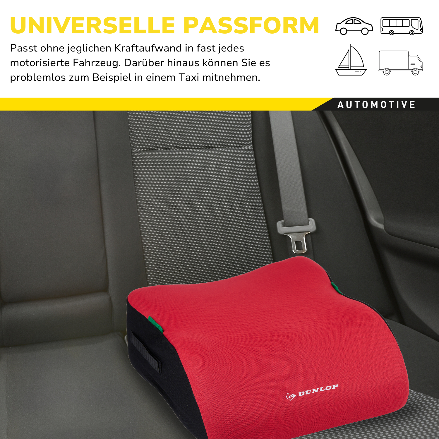 Rood autostoelkussen, met tekst over universele pasvorm en auto-iconen, in een auto.